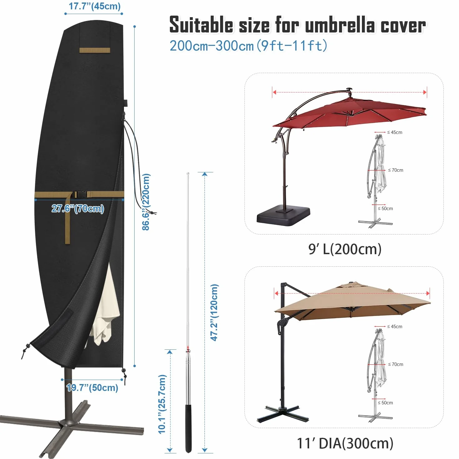 VANSHEIM Housse Parasol Déporté 220cm Protection Imperméable 420D Tissu Oxford 220x45/70/50cm