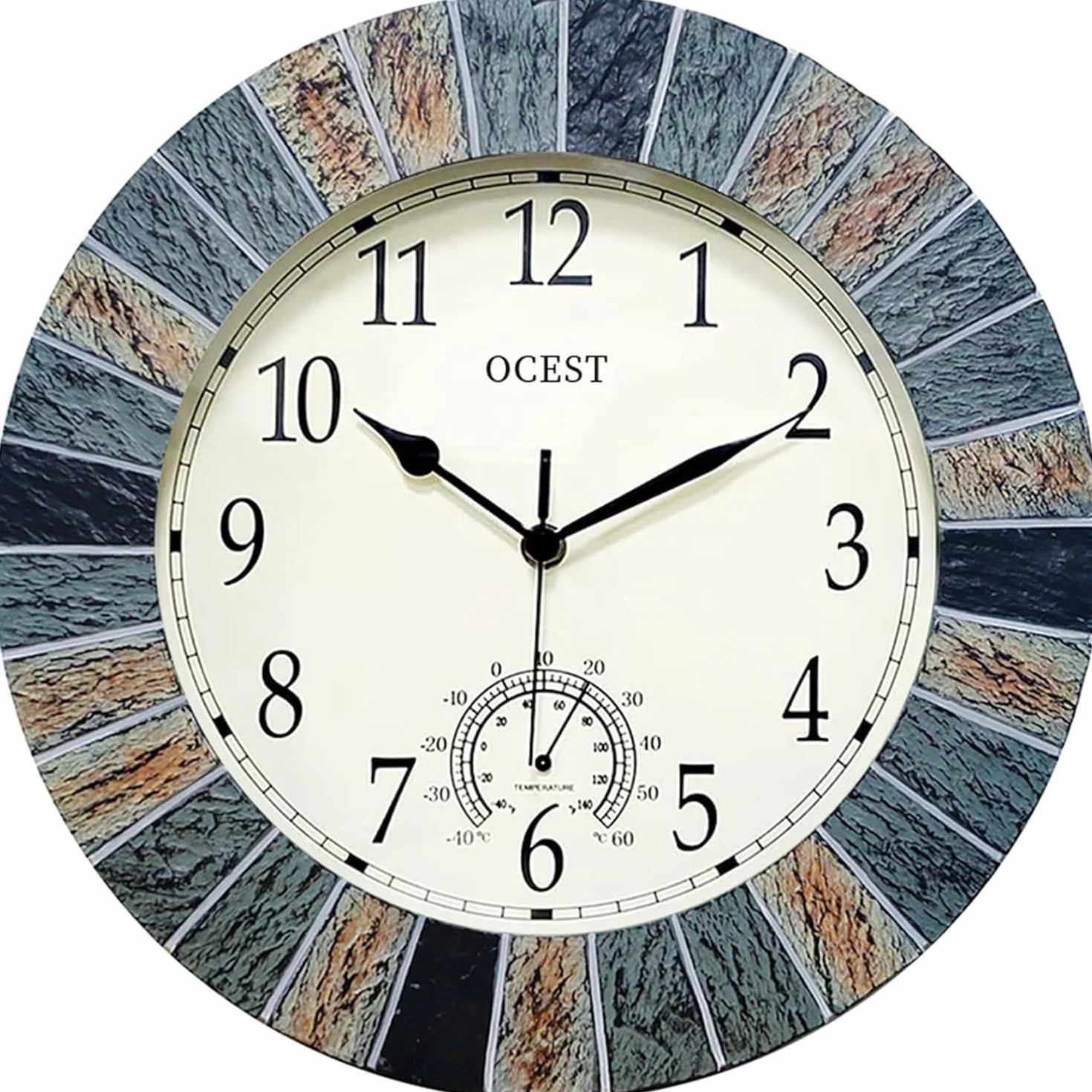 OCEST Horloges de jardin étanches de 33 cm, grande horloge murale rétro avec thermomètre, fonctionne à piles, horloges décoratives sans tic-tac, pour terrasse, piscine, cuisine