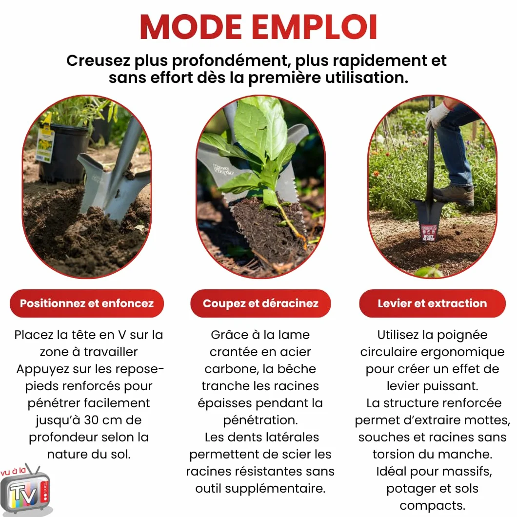 Bêche RootSlayer spécial massifs - Venteo - Rouge -Adulte -Dents Ultra-aiguisées en Acier, Ultra-résistante et légère
