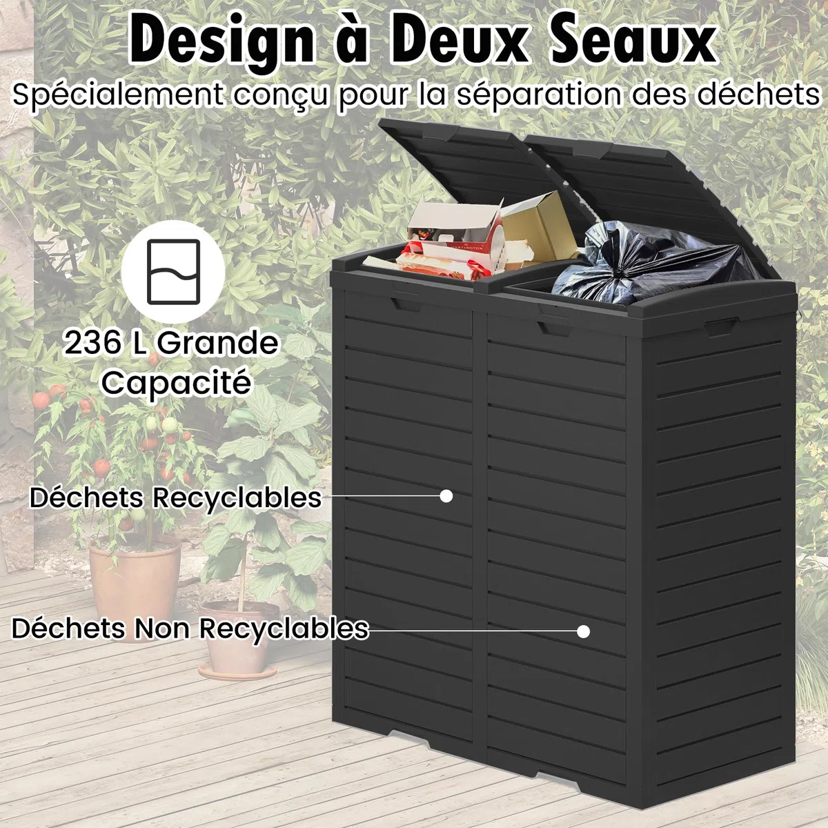 GOPLUS Poubelle Jarin Extérieure à Double Bac 236 L, Bac à Ordures Extérieur pour Déchets, Poubelle de Tri Terrasse Extérieure Intérieure avec Plusieurs Couvercles (Noir,236L|77x40x86CM)