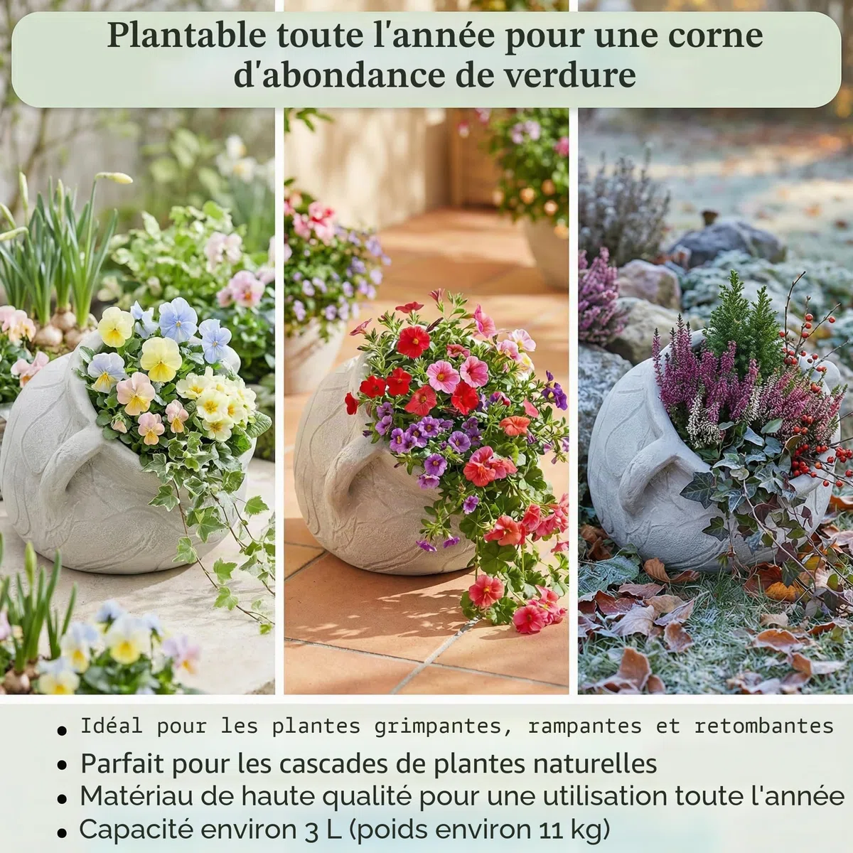 gartendekoparadies.de Pot de Fleurs Massif amphore Pot de Fleurs Rond, Hauteur 20 cm, Largeur 33 cm, Ø Ouverture 17 cm, 3 litres, Couleur Gris, Poids 11 kg, en Pierre moulée, résistant au Gel