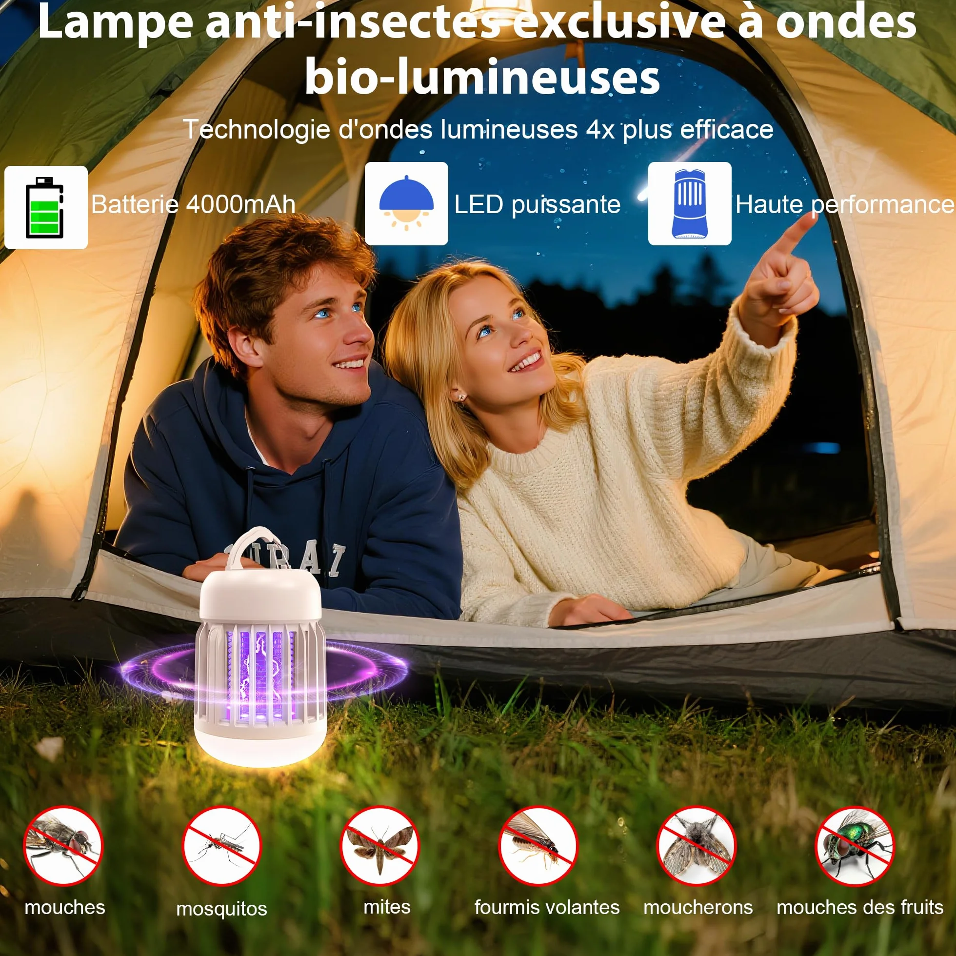 Lampe Anti Moustique LED 3 Couleurs, 2500V 14.8W 2 en 1 Électrique UV Tue Mouche Intérieur Extérieur