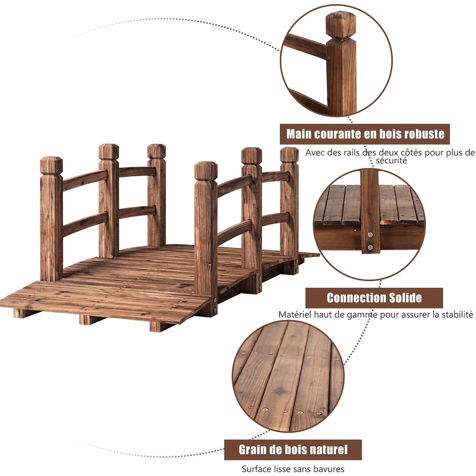 GOPLUS Pont en Bois Rustique et Massif avec Main Courante, Décoration de Jardin Pont d'Étang, Supporte de Poids Maximum 100 KG, 150 x 67 x 55CM (Brun)