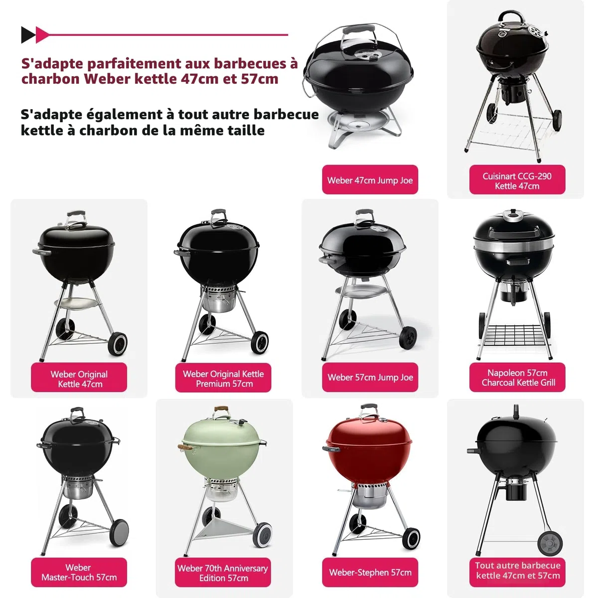 GFTIME Table de barbecue en acier inoxydable pour Weber Original Kettle, Premium, Master Touch, Jumbo Joe, barbecue au charbon de bois Performer avec support de couvercle