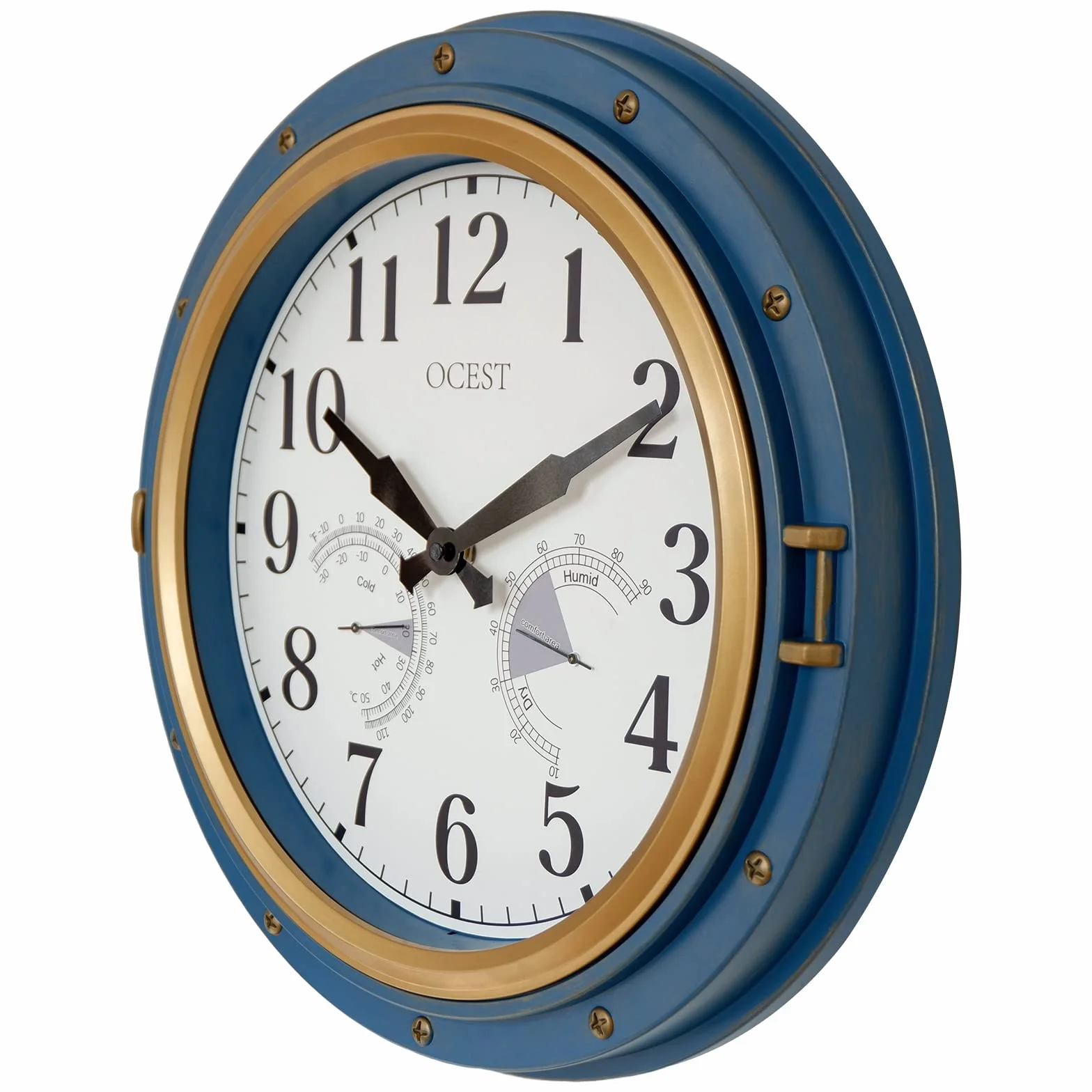 OCEST Horloge de jardin étanche de 40,6 cm, grand thermomètre, hygromètre, design rétro, sans tic-tac, fonctionnement à pile, pour décoration de maison et patio (bleu)
