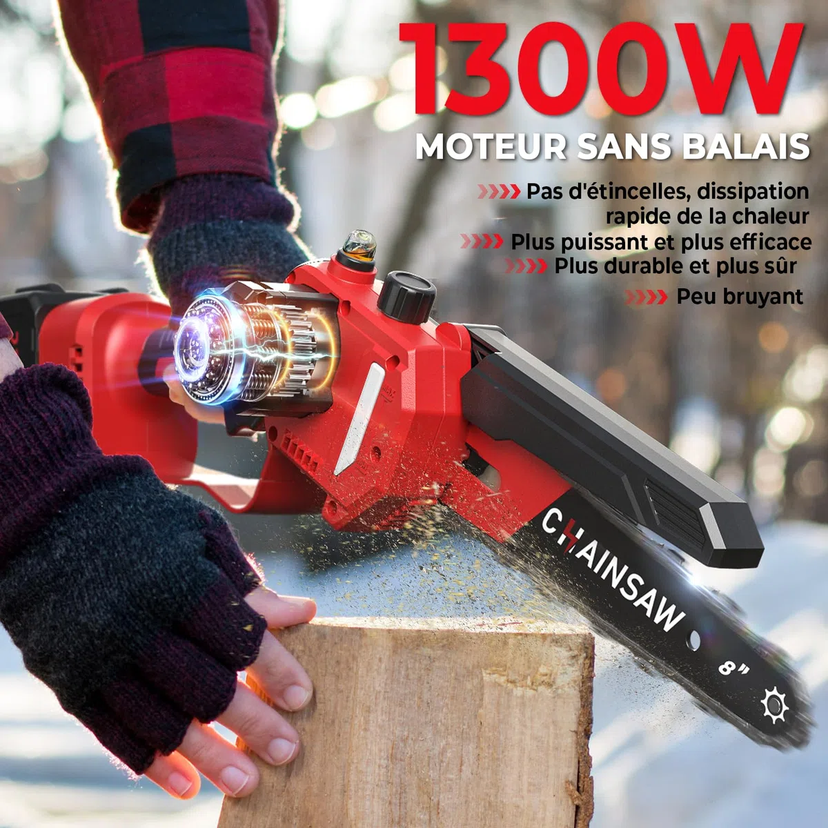 Mini Tronçonneuse à Batterie 6 et 8 Pouces, 1300W Brushless Tronconneuse Electrique Sans Fil pour Jardin, 8000mAh Tronçonneuse Elagueuse sur Batterie, D'huile Automatique, Compatible avec Makita 18V