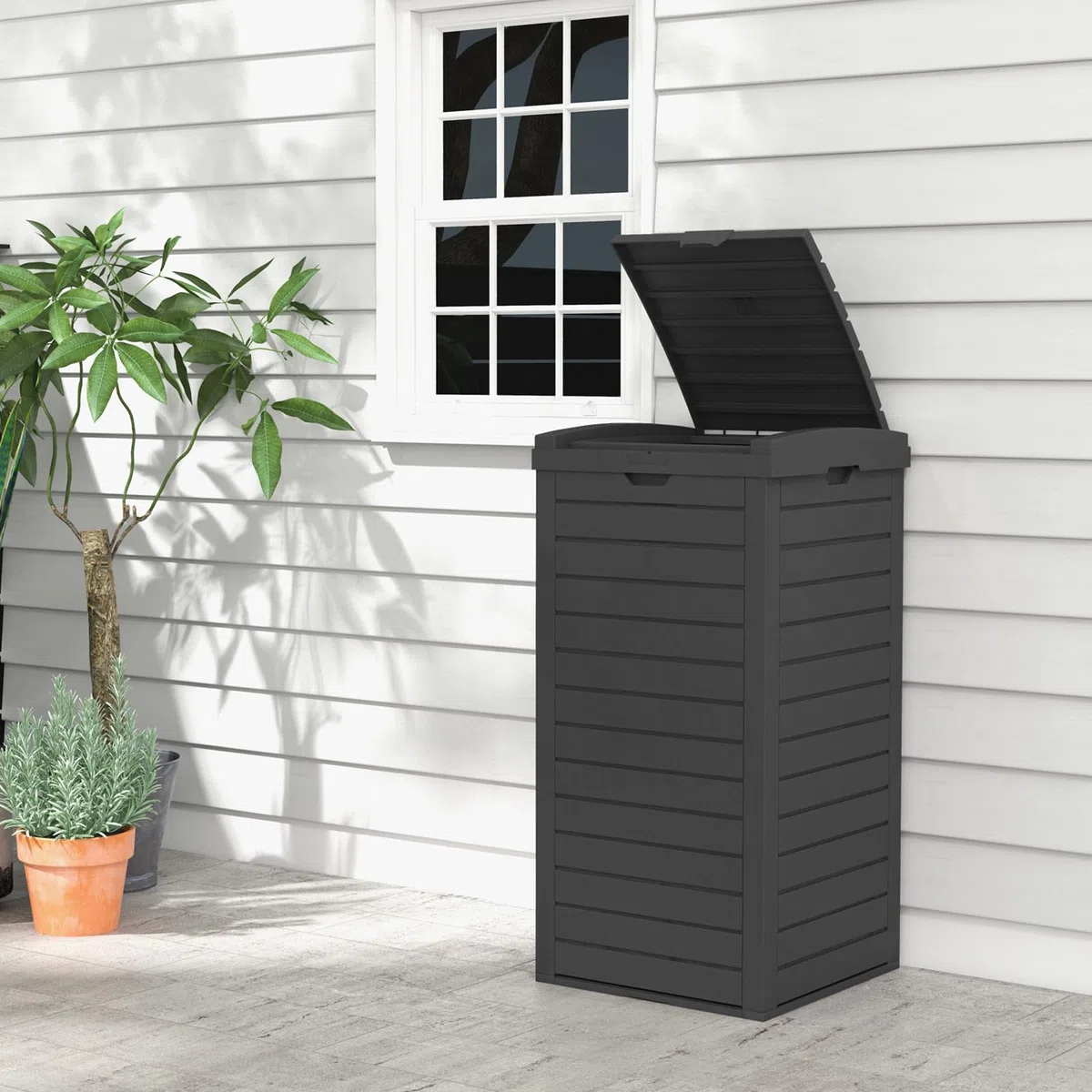 LIFEZEAL Poubelle d'Extérieur 118L, Poubelle de Jardin avec Couvercle, Poubelle Deco Rectangle avec Bac de Récupération, 40 x 40 x 86 cm (1, Noir)