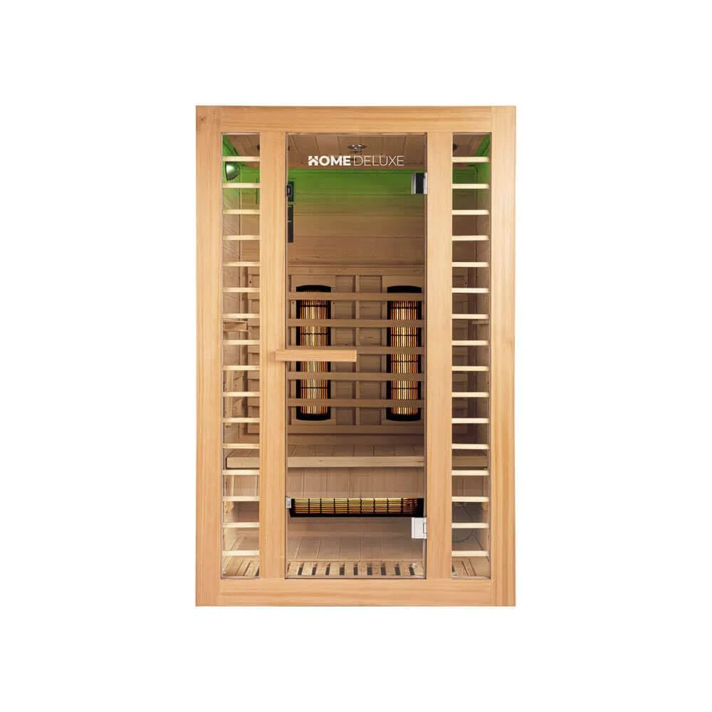 HOME DELUXE - Cabine infrarouge REDSUN M DELUXE - 120 x 105 x 190 cm - pour 2 personnes, 5 émetteurs à spectre complet, bois : sapin de HemlockI Sauna infrarouge, sauna, cabine chauffante, infrarouge