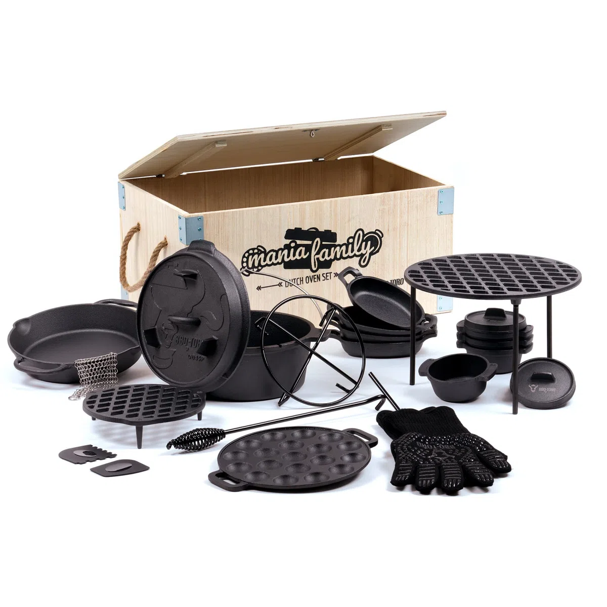 BBQ-Toro Mania Family Lot de 19 cocottes en fonte dans une boîte en bois | Avec marmite et plus | Fonte – Déjà cuite | Grill, Dutch Ovens, casserole à barbecue
