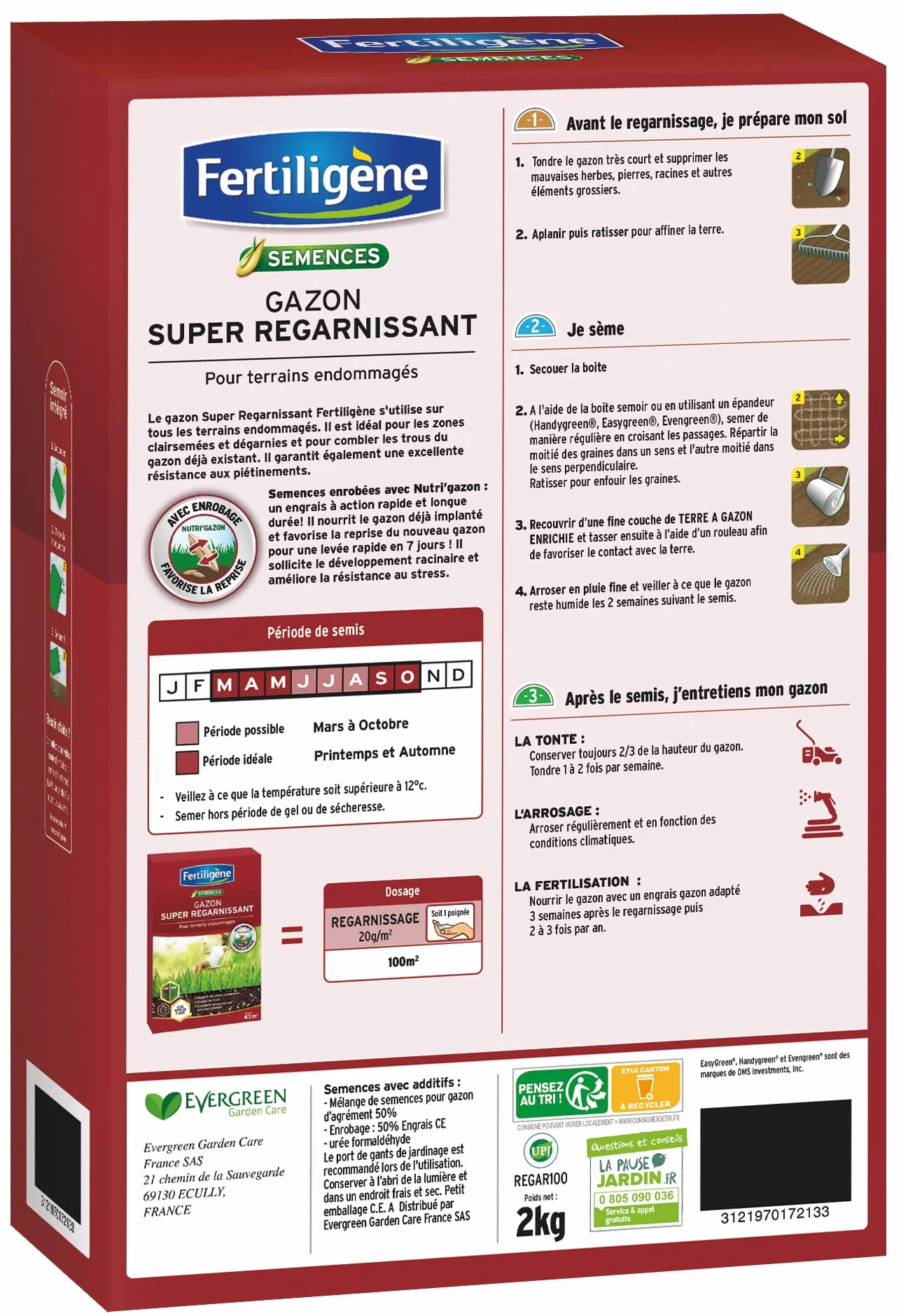 FERTILIGENE REGAR100 Semences Gazon Super Regarnissant 2 kg - Premières pousses en 1 semaine - Pour 100 m²