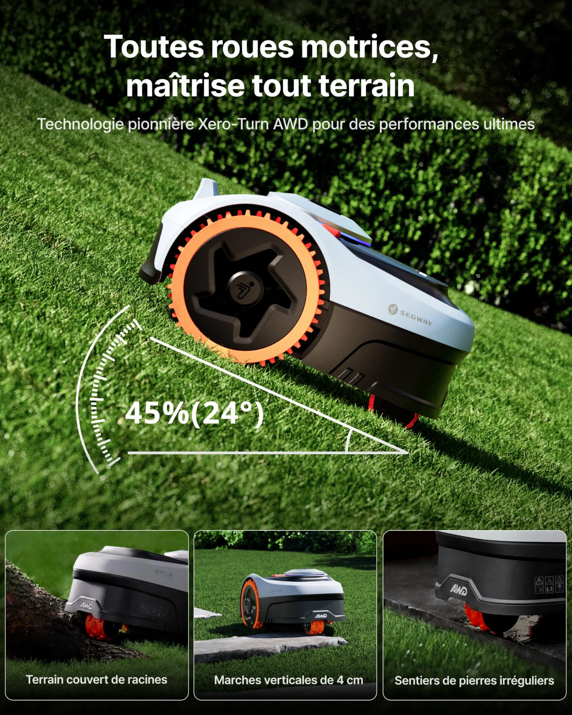 Segway Navimow i208 AWD Robot tondeuse et Garage S, Trois roues motrices, monte les pentes jusqu'à 45%, EFLS NRTK + Vision, Cartographie automatique, sans antenne, jardin de 800 m²(expédié séparément)