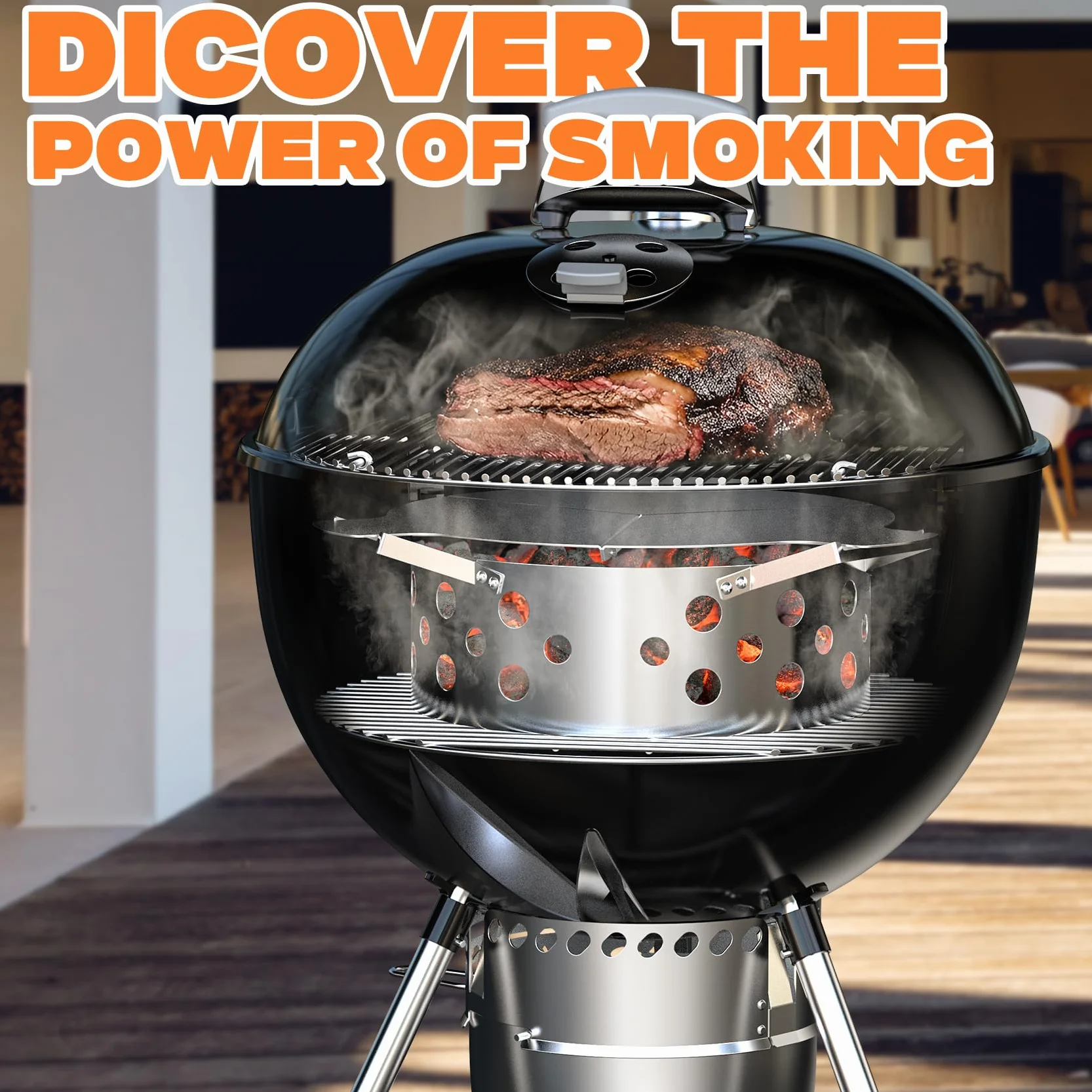 Onlyfire Kit de Fumage en Acier Inoxydable pour Barbecue Weber 57 cm, Boîte à Charbon avec Réflecteur de Chaleur