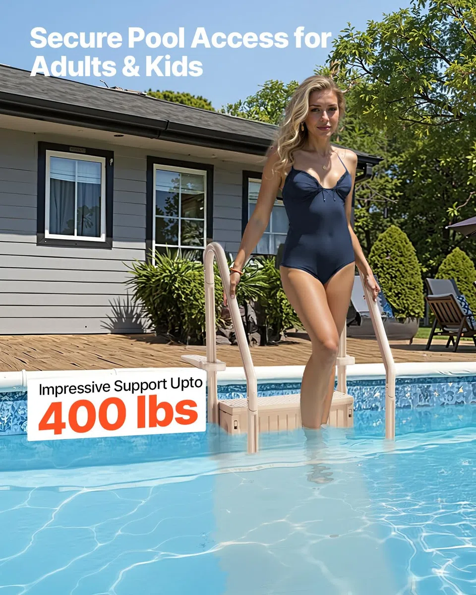 VEVOR Escalier de Piscine en Plastique 4 Marches Antidérapantes, Capacité de Charge 181,4 kg, pour Piscines Creusées Hors Sol 122-137 cm, Taupe