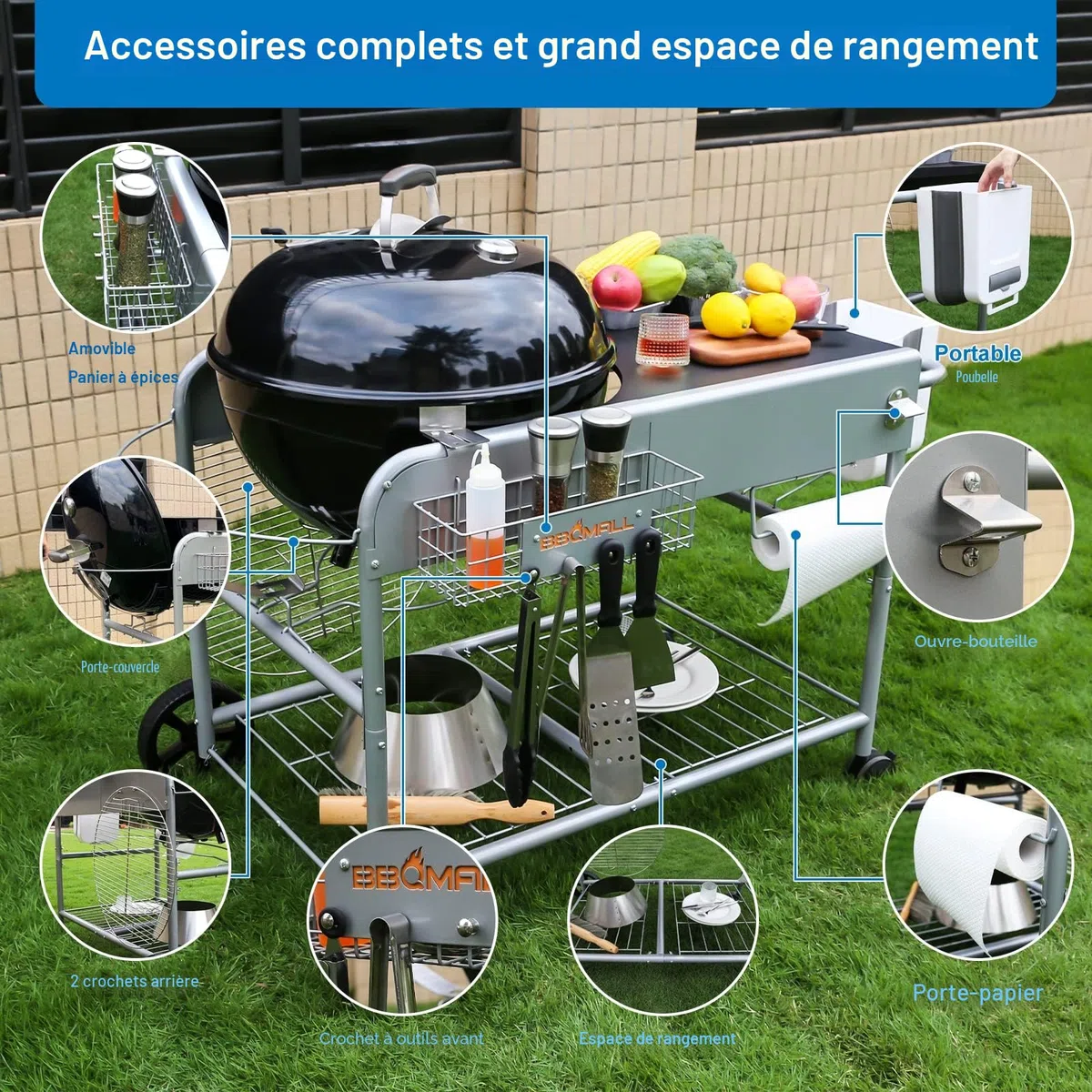 GFTIME Table de barbecue en acier inoxydable pour Weber Original Kettle, Premium, Master Touch, Jumbo Joe, barbecue au charbon de bois Performer avec support de couvercle