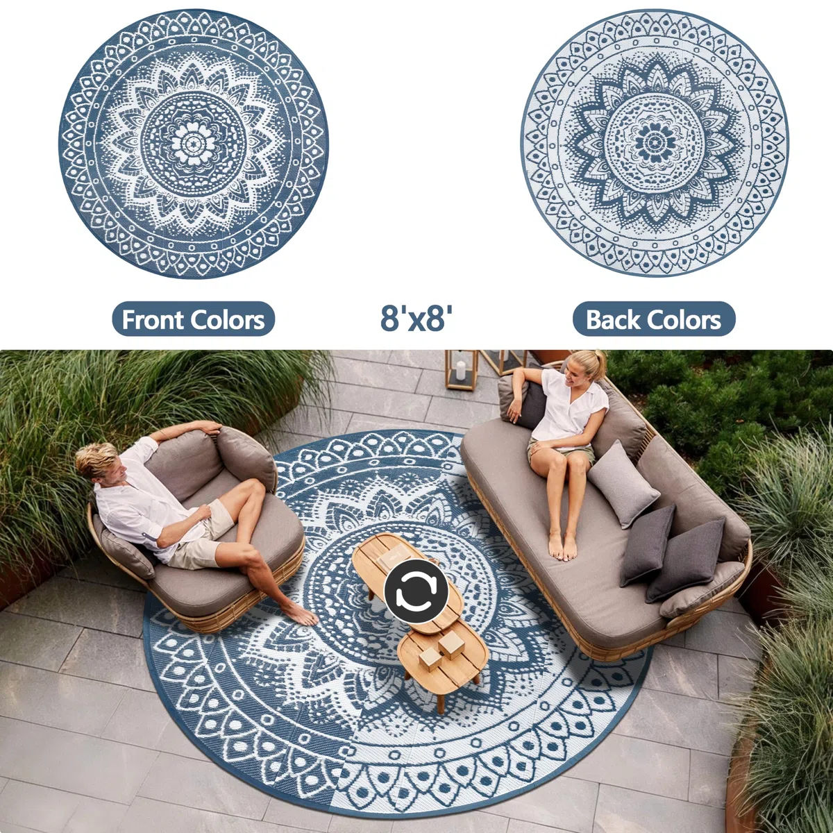 Tapis d'extérieur Rond pour terrasse 240cm réversible imperméable et Pliable bohème pour Camping-carTapis de Pique-Nique et de Camping pour RV, Balcon, Plage, terrasse, Bleu/Blanc