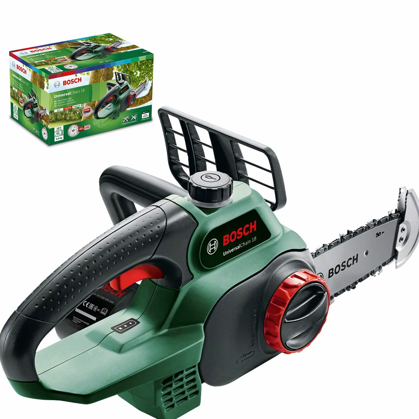 Bosch Tronçonneuse sans fil - UniversalChain 18 (Livrée sans batterie ni chargeur, avec huile 80 ml, système 18V, longueur de guide: 20cm)