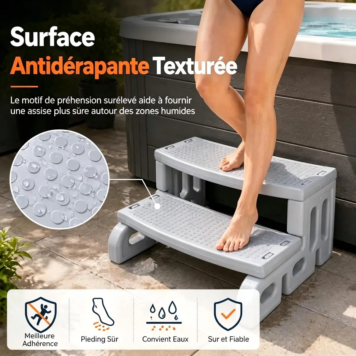 Whirlpool Escalier à 2 marches antidérapant Portable Universel en Plastique pour l'extérieur