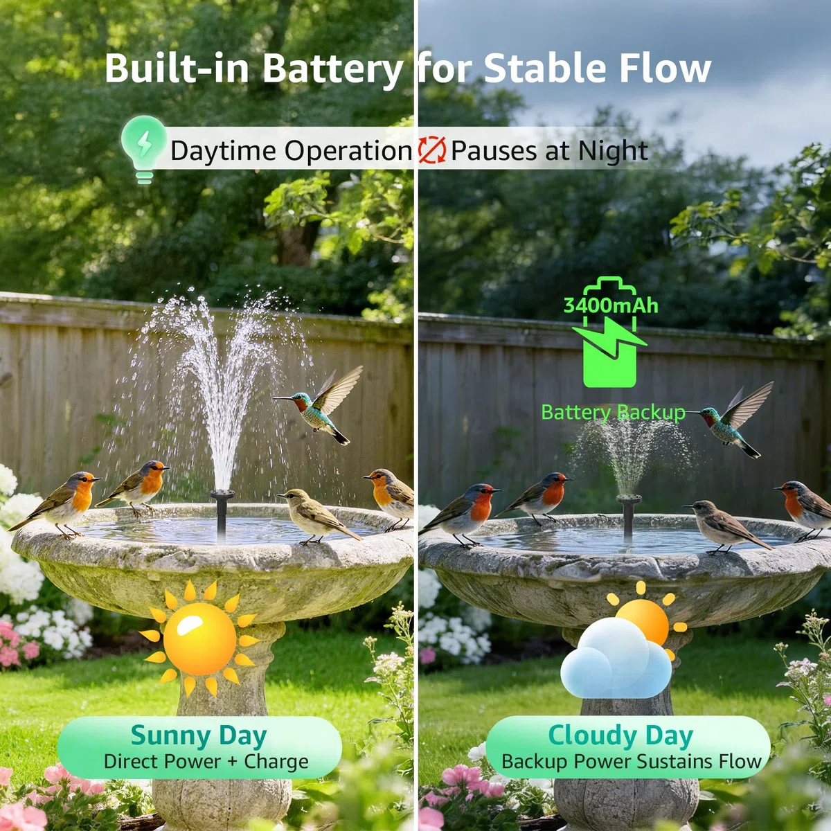 Pompe à Fontaine Solaire avec Batterie, 8.5W Pompe Solaire 3200mAh Intégrée, Buses Double Couche 7+ Modes & Tuyau PVC 1.5m, Fontaine Bassin pour Bac à Oiseaux Jardin
