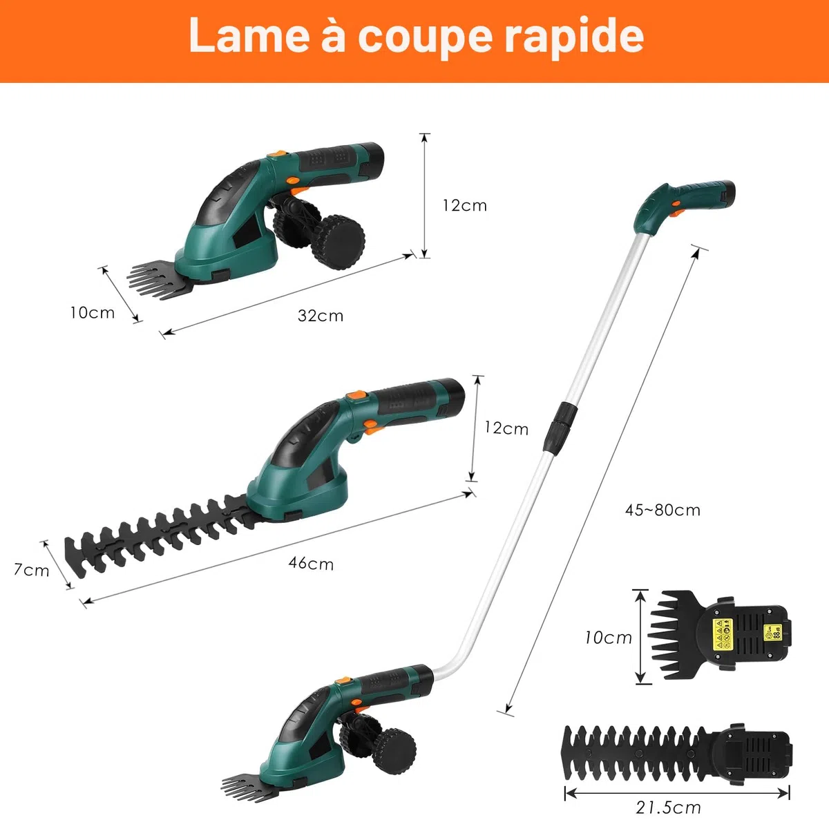 LIFERUN Taille-haie électrique 7,2 V 2000 mAh, 2 en 1 Taille haie Telescopique, Cisaille à Gazon avec Chargeur, Coupe Bordure sans Fil, Coupe haie pour Jardin, Gazon, Arbuste, Pelouse, Vert foncé