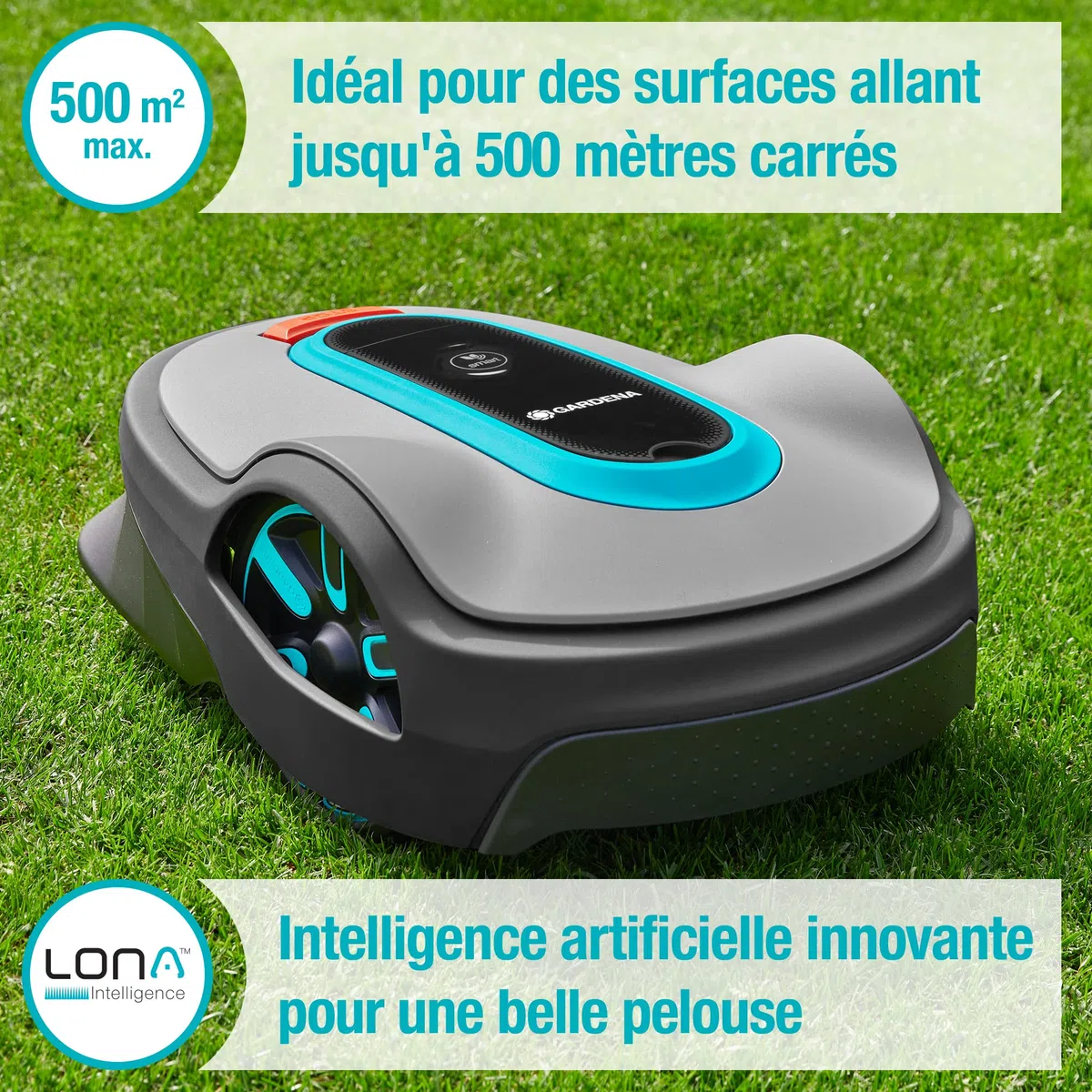 Gardena Tondeuse Robot Smart SILENO City 500 m² Set: Technologie Lona IA innovante, réglage Via Application, SensorControl, pour pentes 35% Max, passerelle Smart, FR-Version (19602-66)
