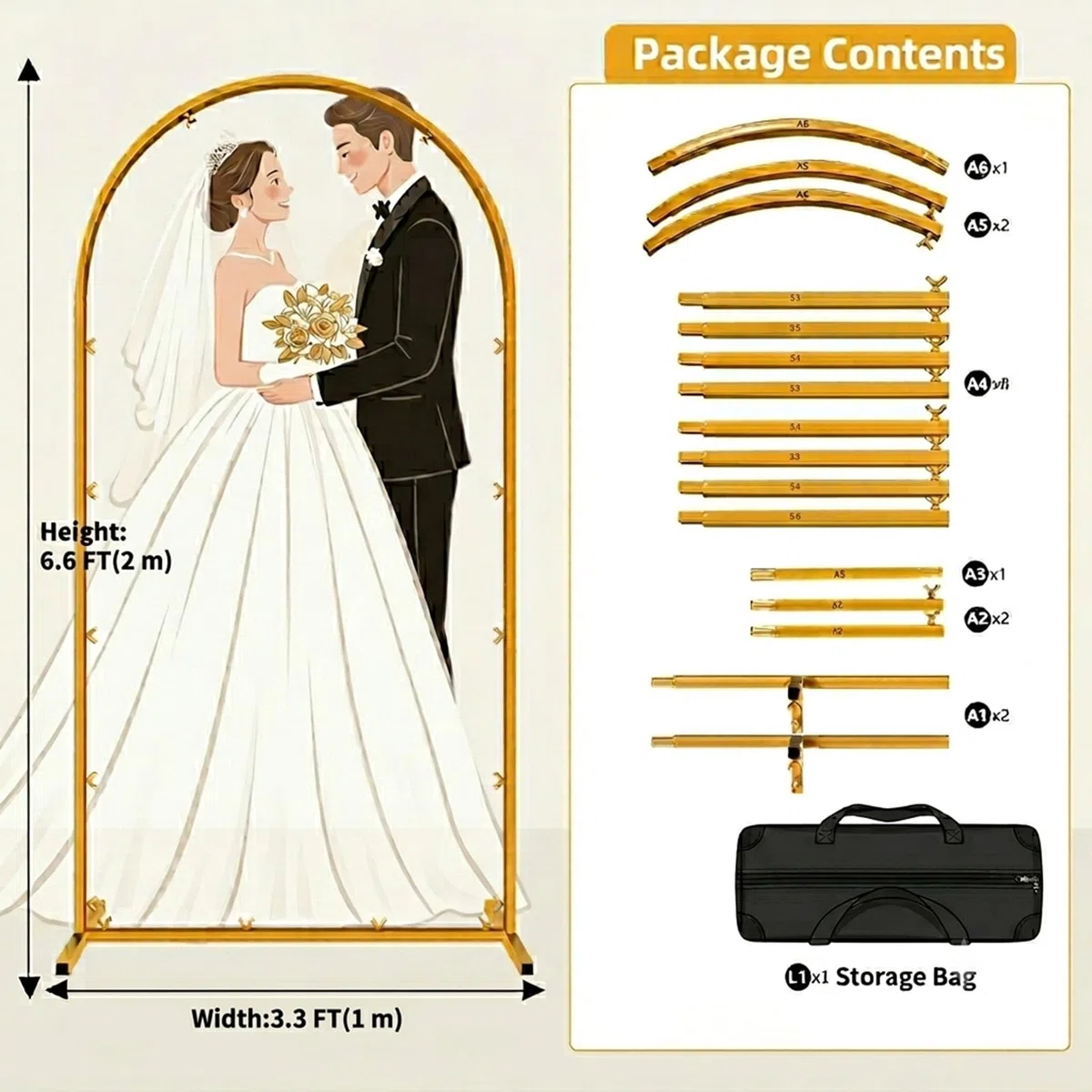 2m Support pour Arche de Mariage, Arche métallique dorée avec Sac de Rangement pour cérémonie de Mariage,fête d'anniversaire,photobooth,décoration d'arceaux Floraux et de Ballons(1 x 2 m(L x H))