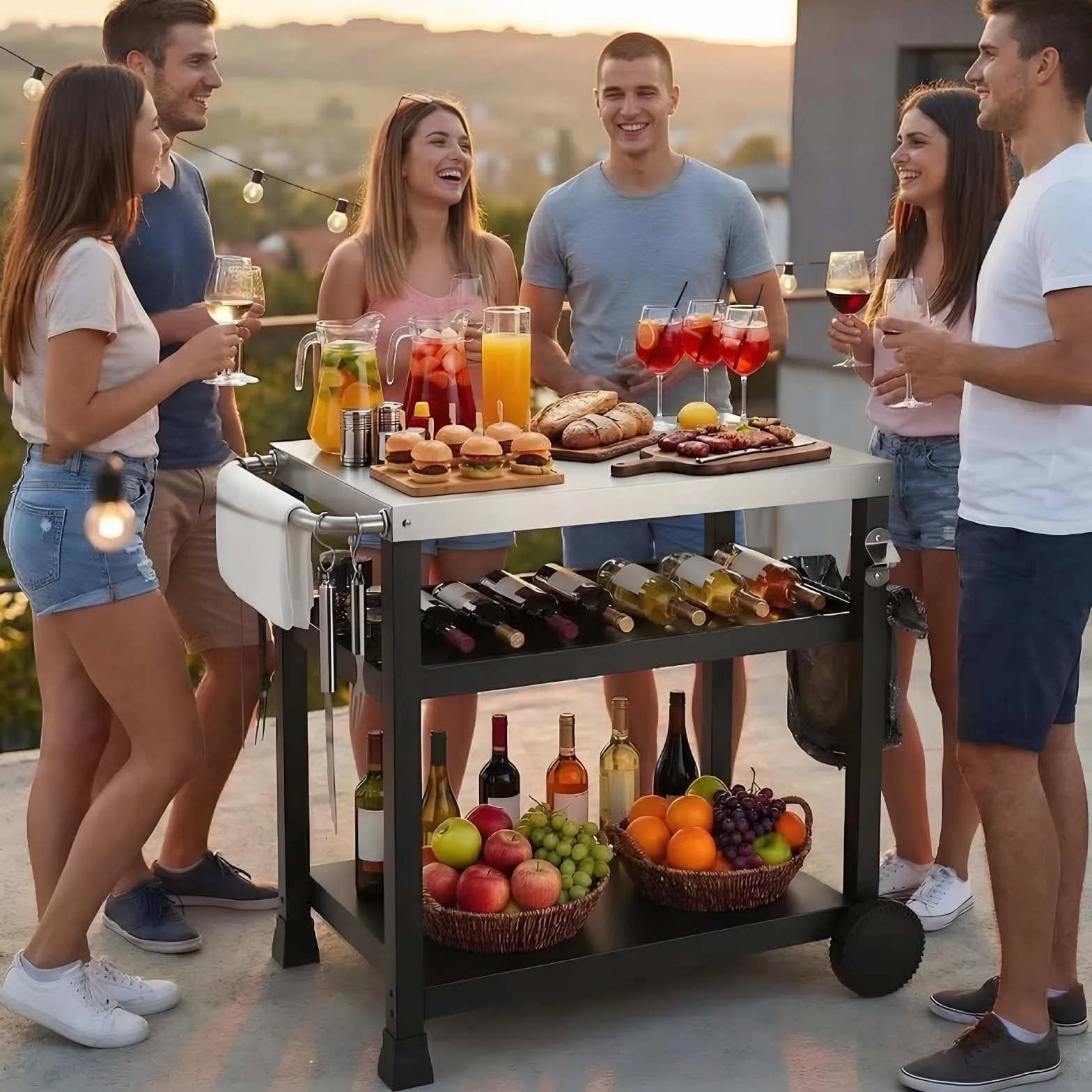 LIFERUN Chariot Barbecue 3 Étagères, Desserte Jardin avec Crochets et 2 roulettes, Desserte Extérieure Service Inoxydable, Chariot Plancha INOX, Table de Cuisine Extérieure Pizza, Terrasse, Jardin