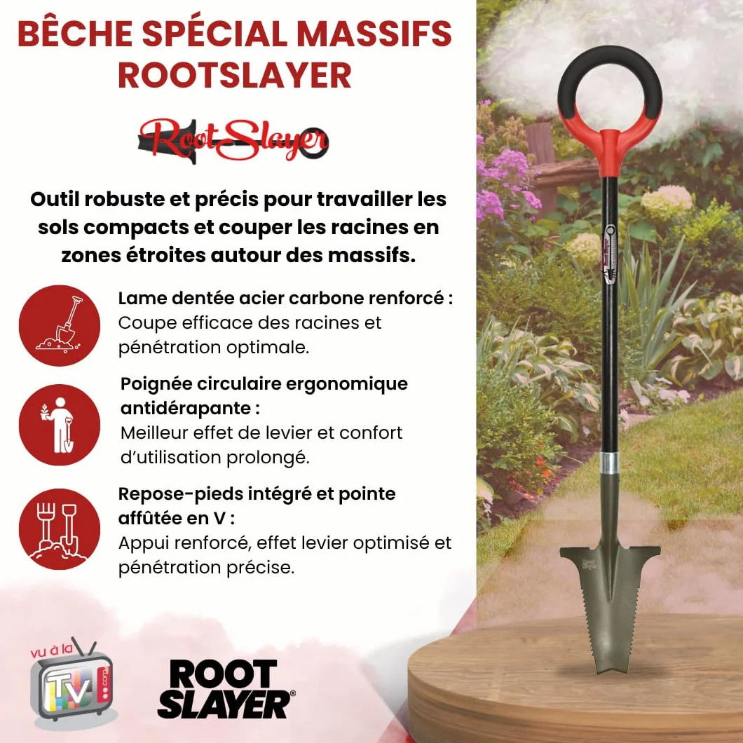 Bêche RootSlayer spécial massifs - Venteo - Rouge -Adulte -Dents Ultra-aiguisées en Acier, Ultra-résistante et légère