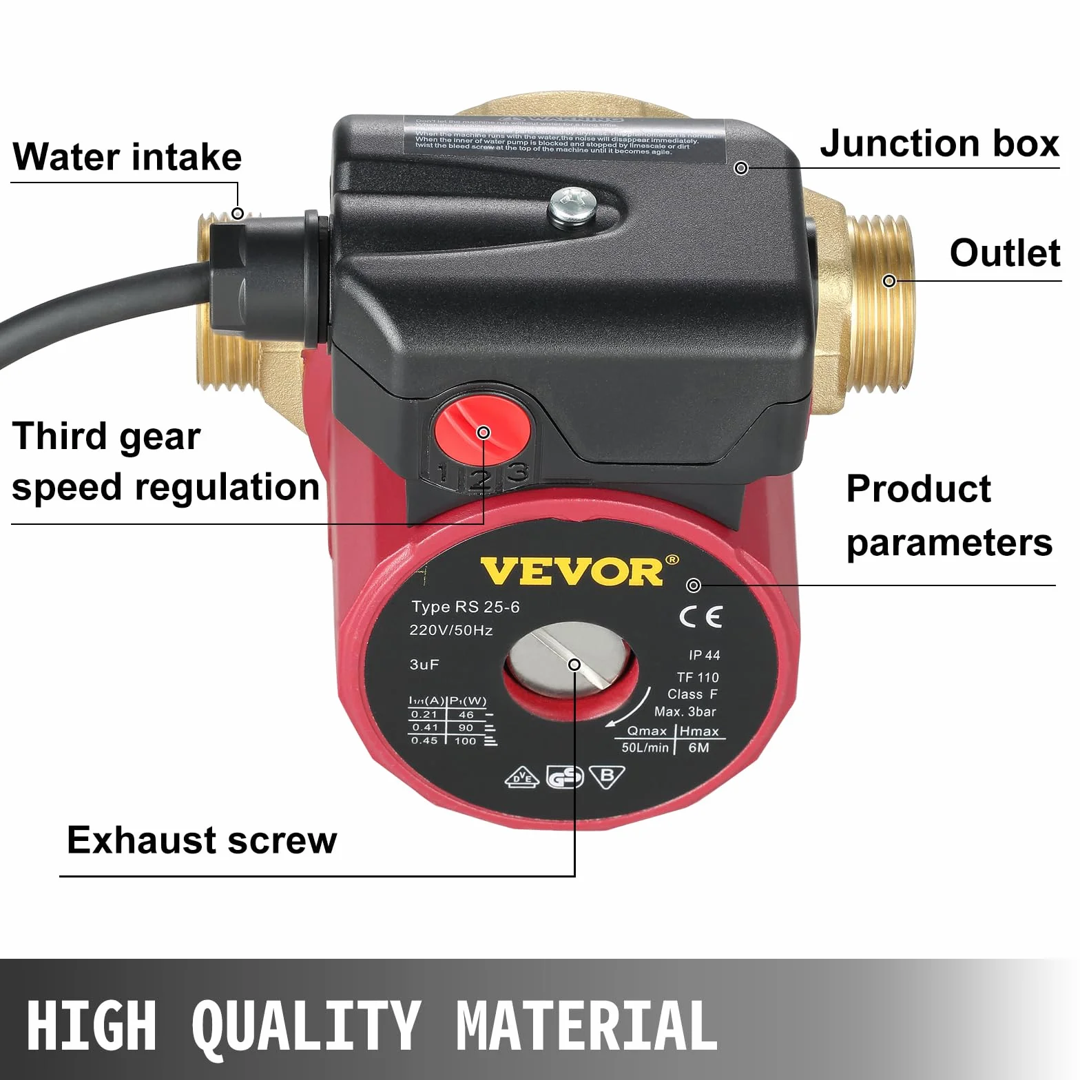 SucceBuy Pompe de Circulation d'Eau Silencieux Pompe à Eau Domestique avec Débit Maximal 50L/min Hauteur 6m Boîtier en Fonte Tête de Pompe en Laiton pour Faciliter la Circulation d'Eau