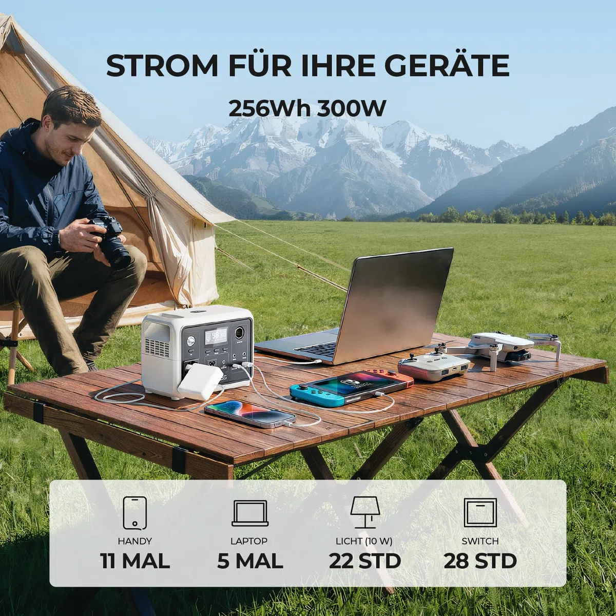Dyness 300W Generateur Electrique Portable, Batterie LiFePO4 256Wh Générateur Solaire avec 6 Sorties et 4 Options de Charge, Alimentation de Secours pour Camping, Camping-car, Voyages