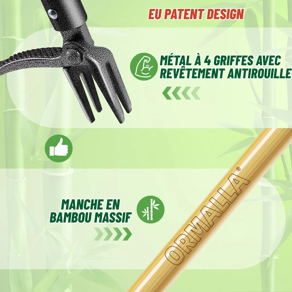 Désherbeur Manuel 1.1m Longueur, Arrache Pissenlit, Manche en Bambou Naturel et 4 Griffes en Métal, Désherbeur de Jardin Debout avec des Gants de Jardinage, Adapté Aux Animaux (Upgrade)