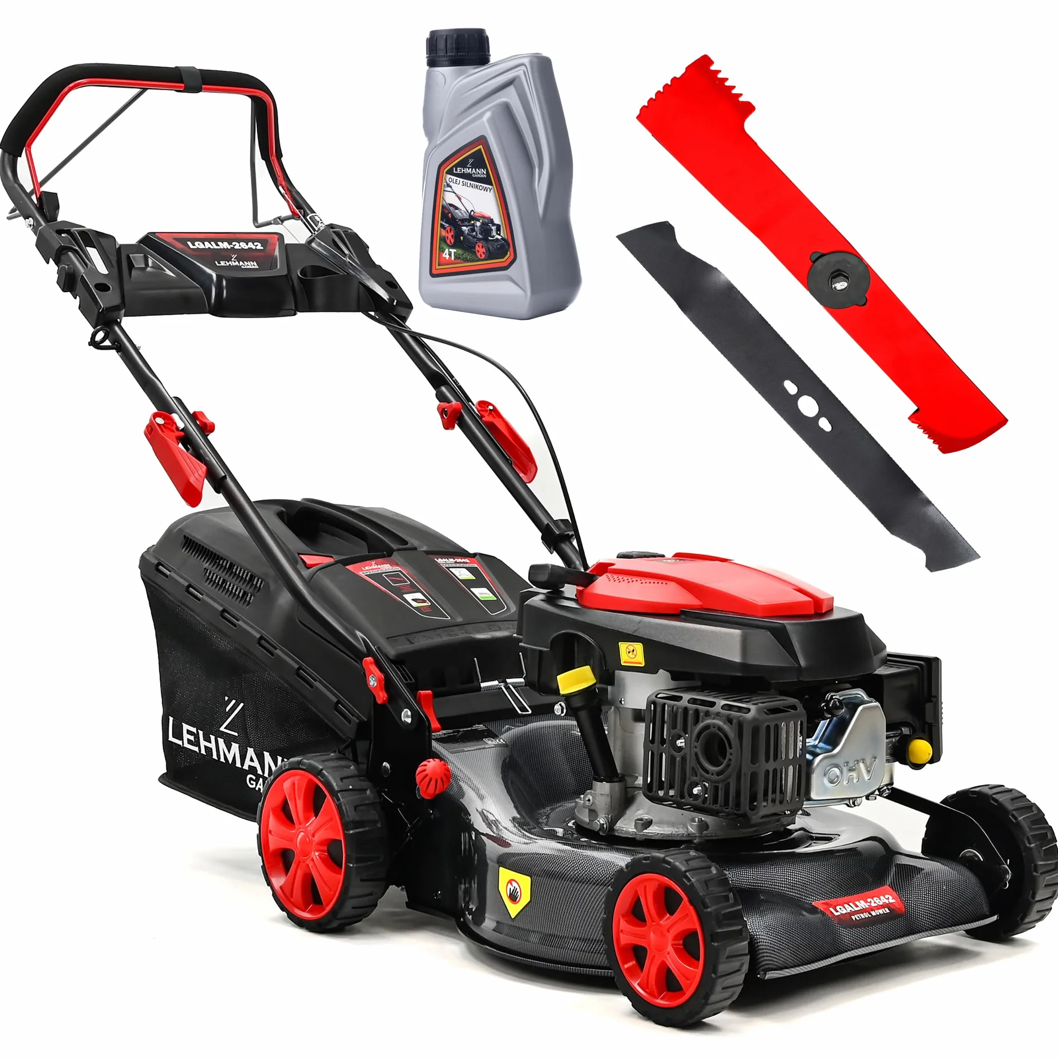 LEHMANN Tondeuse à Gazon Thermique Autotractée, 146 cm³ 2,6 KW, Largeur de Coupe 42 cm, 5 Niveaux 25-70 mm, 40 L Capacité de Ramassage, Surface Jusqu'à 2000 m², Carrosserie Solide en Carbone