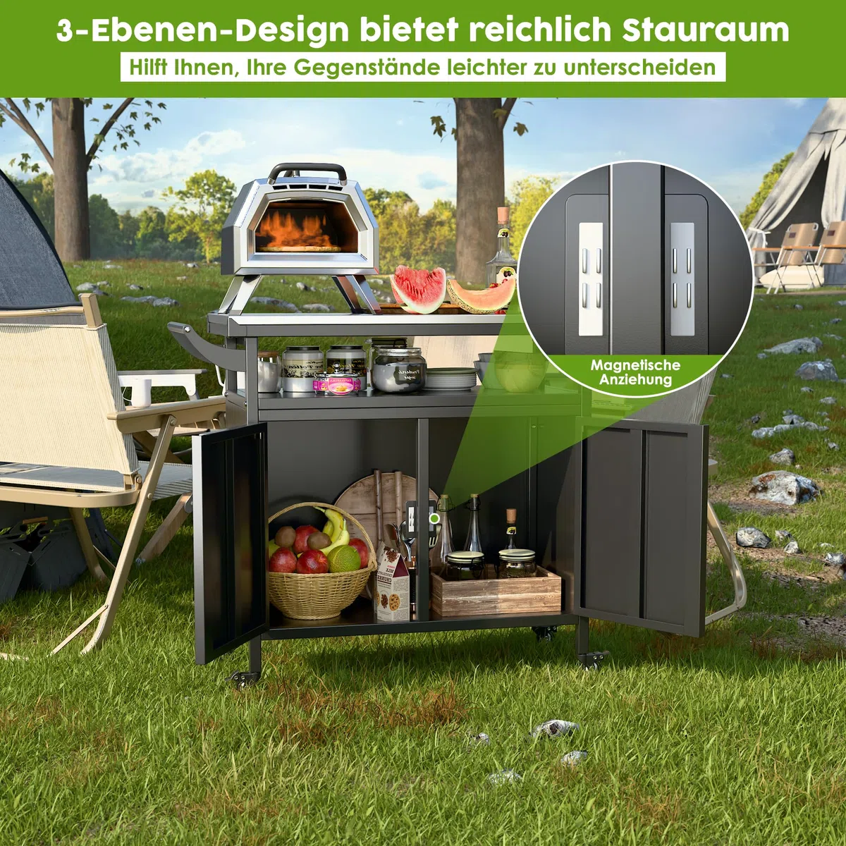 SUPEER Chariot de barbecue, table à pizza avec 4 roulettes, plateau de table en acier inoxydable 304, chariot pour barbecue, chariot de service d'extérieur, chariot de jardin