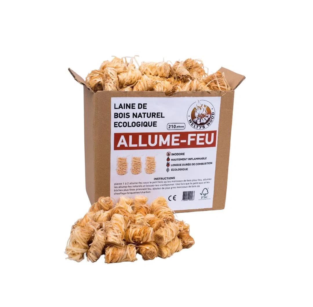 Allume-Feux en Laine de Bois 100% Naturel et Biologique Boite 210 pour Cheminée Barbecue Poêle