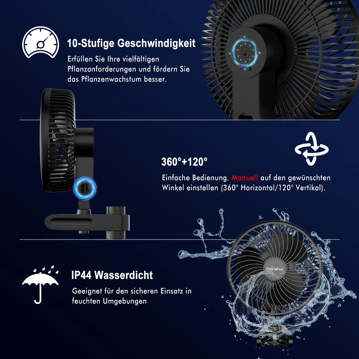 FanGoFast Ventilateur Clipable 10W, Ventilateur de Culture avec Clip, EC Moteurs Manuelle Oscillation, 10 Vitesses, Silencieux Oscillant pour Tente de Culture