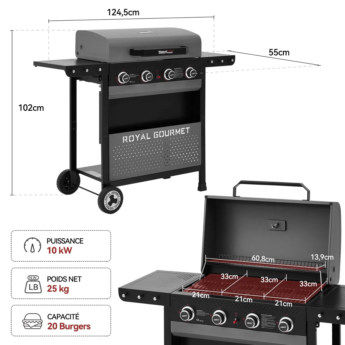 Royal Gourmet 4 Brûleurs Barbecue Gaz, Gril à Gaz sur Chariot 10 KW avec Tables Pliantes et Panier de Rangement, Noir