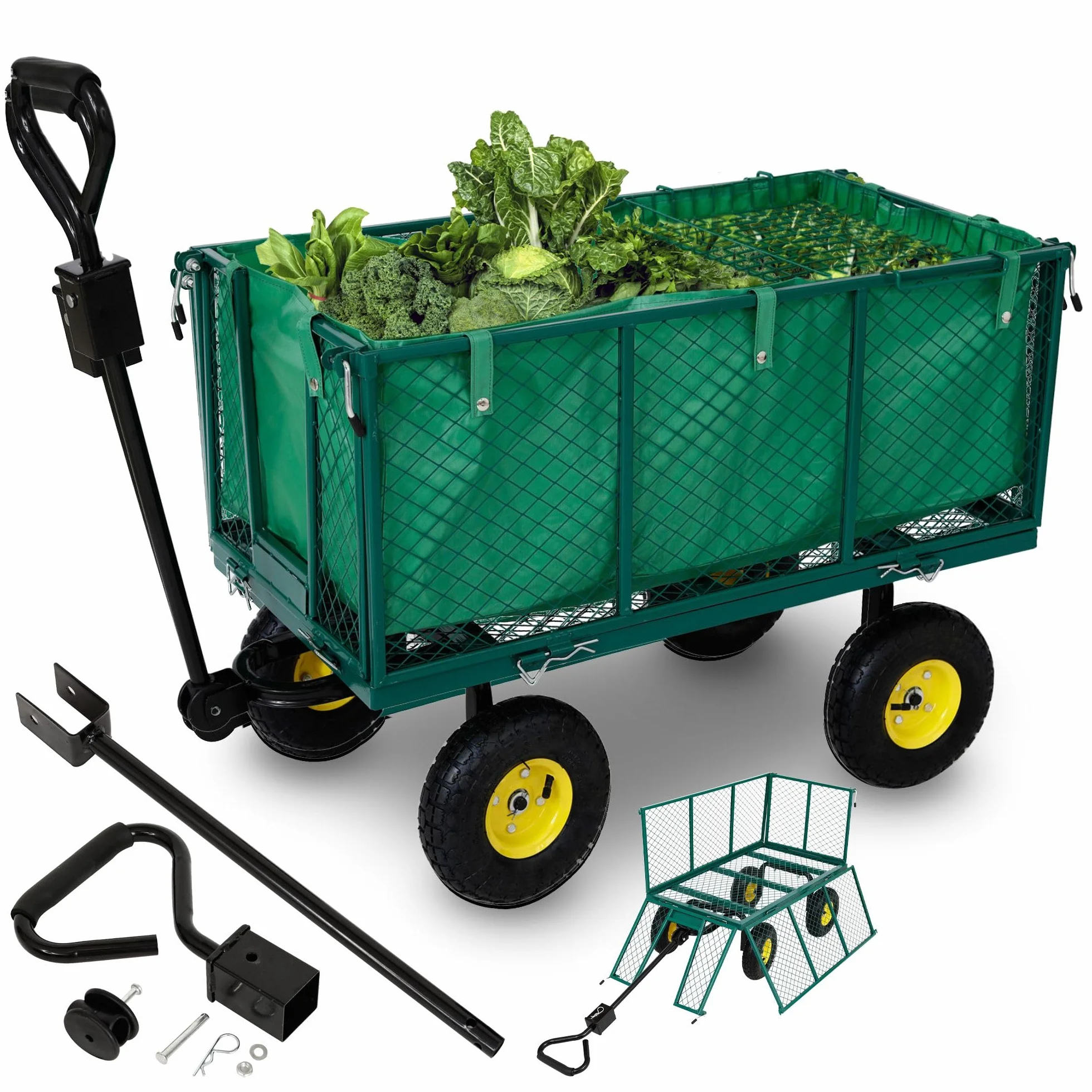 Arebos Chariot à Bras | Chariot de Jardin | avec pneus profilés | Charge Max. 550kg | Pliable | Vert | bâche Amovible | poignée et Timon Inclus | Chariot Plate-Forme