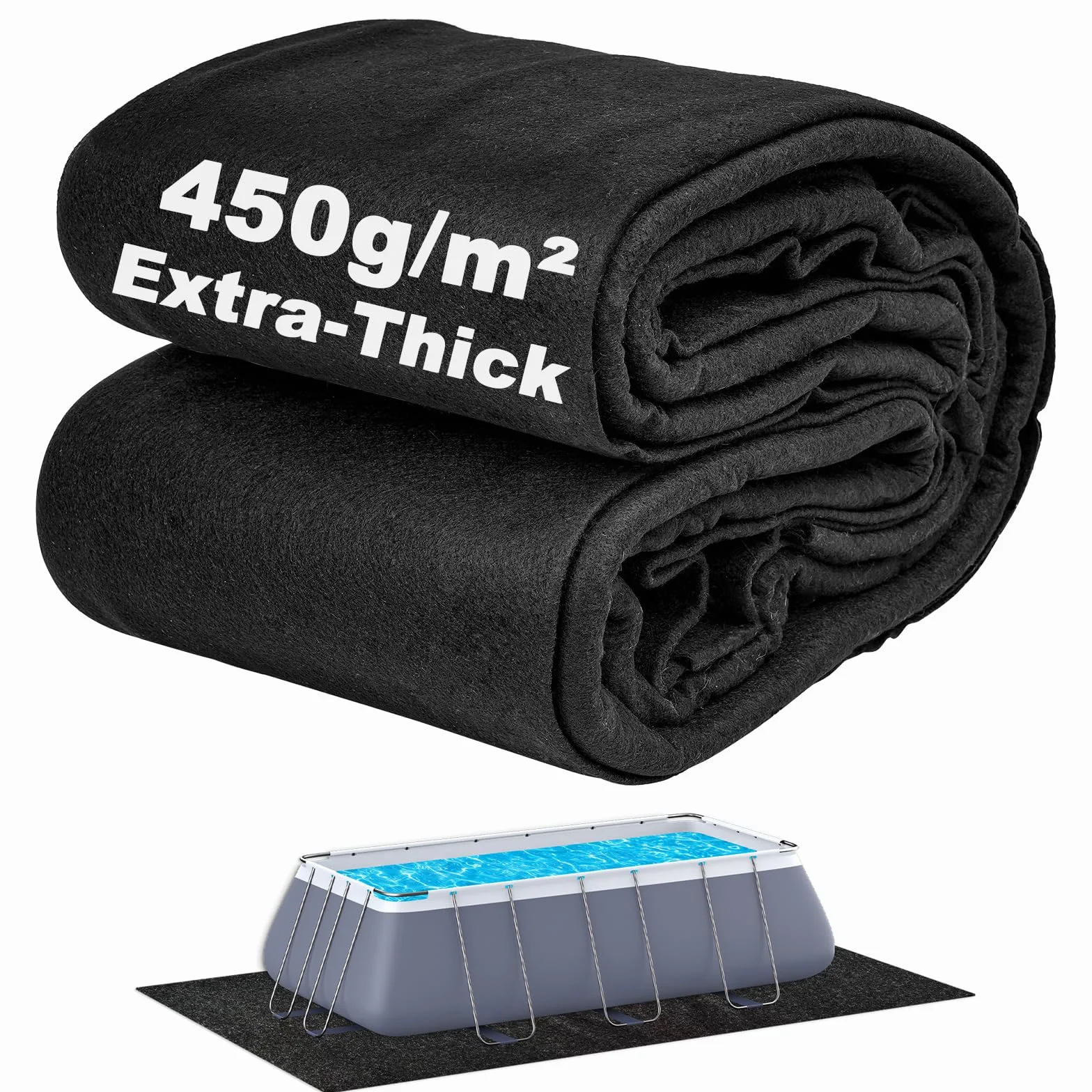 Tapis de piscine rectangulaire extra-épais pour piscine hors sol, 1,98 x 3,05 m, confort sans couture sous les pieds, tapis en fibre synthétique noire de qualité industrielle résistant aux