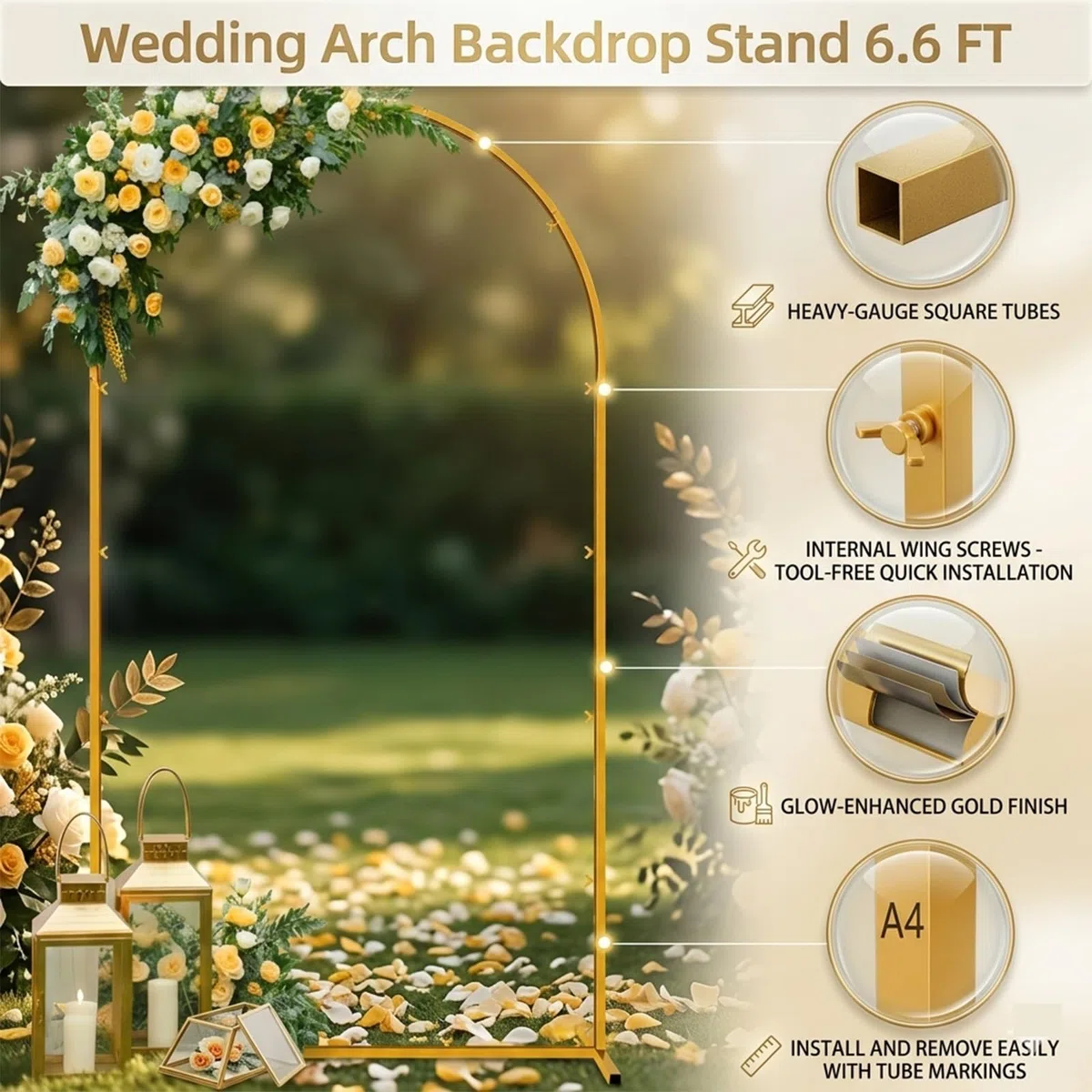 2m Support pour Arche de Mariage, Arche métallique dorée avec Sac de Rangement pour cérémonie de Mariage,fête d'anniversaire,photobooth,décoration d'arceaux Floraux et de Ballons(1 x 2 m(L x H))
