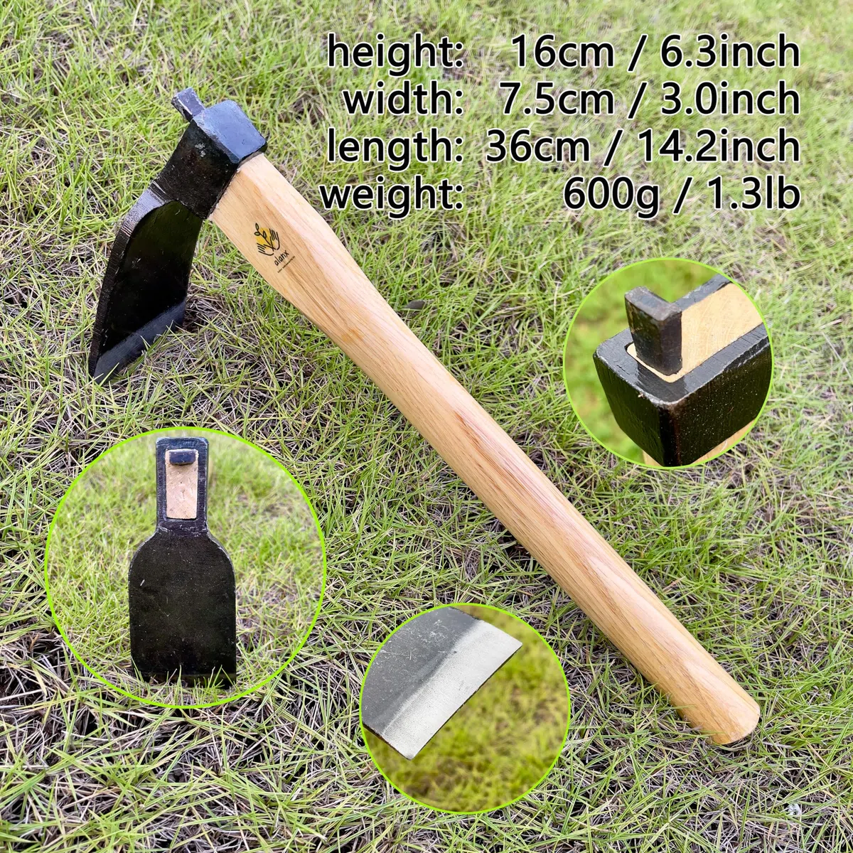 Binette de style japonais robuste de 35,6 cm, sans soudure, outil de jardinage, manche en chêne, pour creuser, désherber et planter