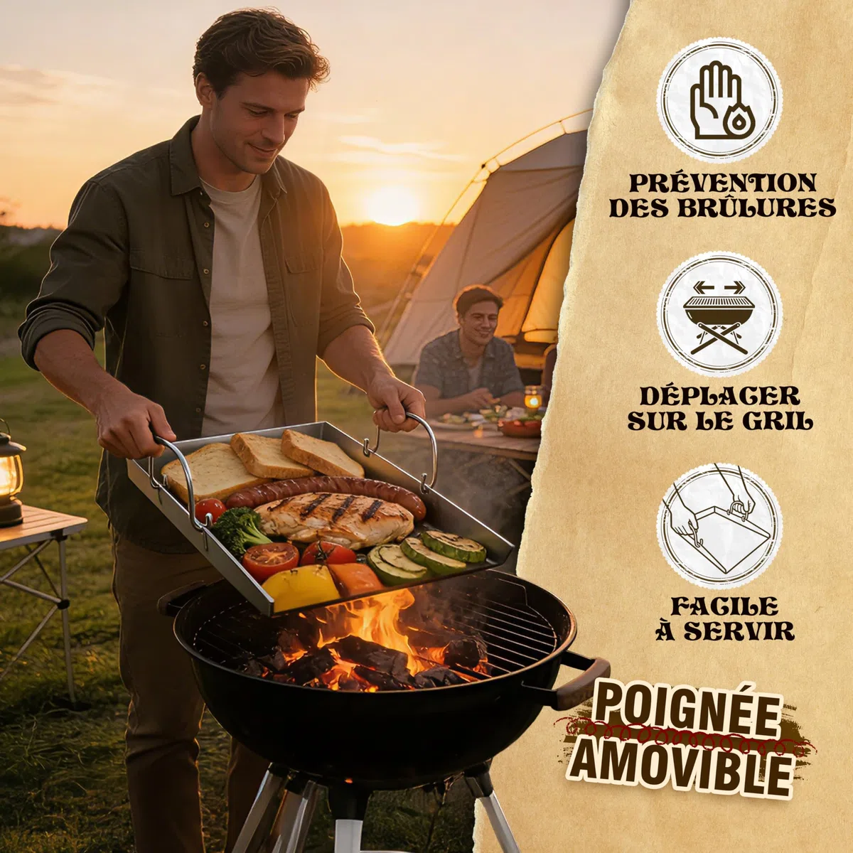 JONRRYIN Plancha Plaque de cuisson 40 x 30 cm, Acier Inoxydable épais avec 2 Spatules, Poignée Amovible pour Barbecue Gaz et Charbon