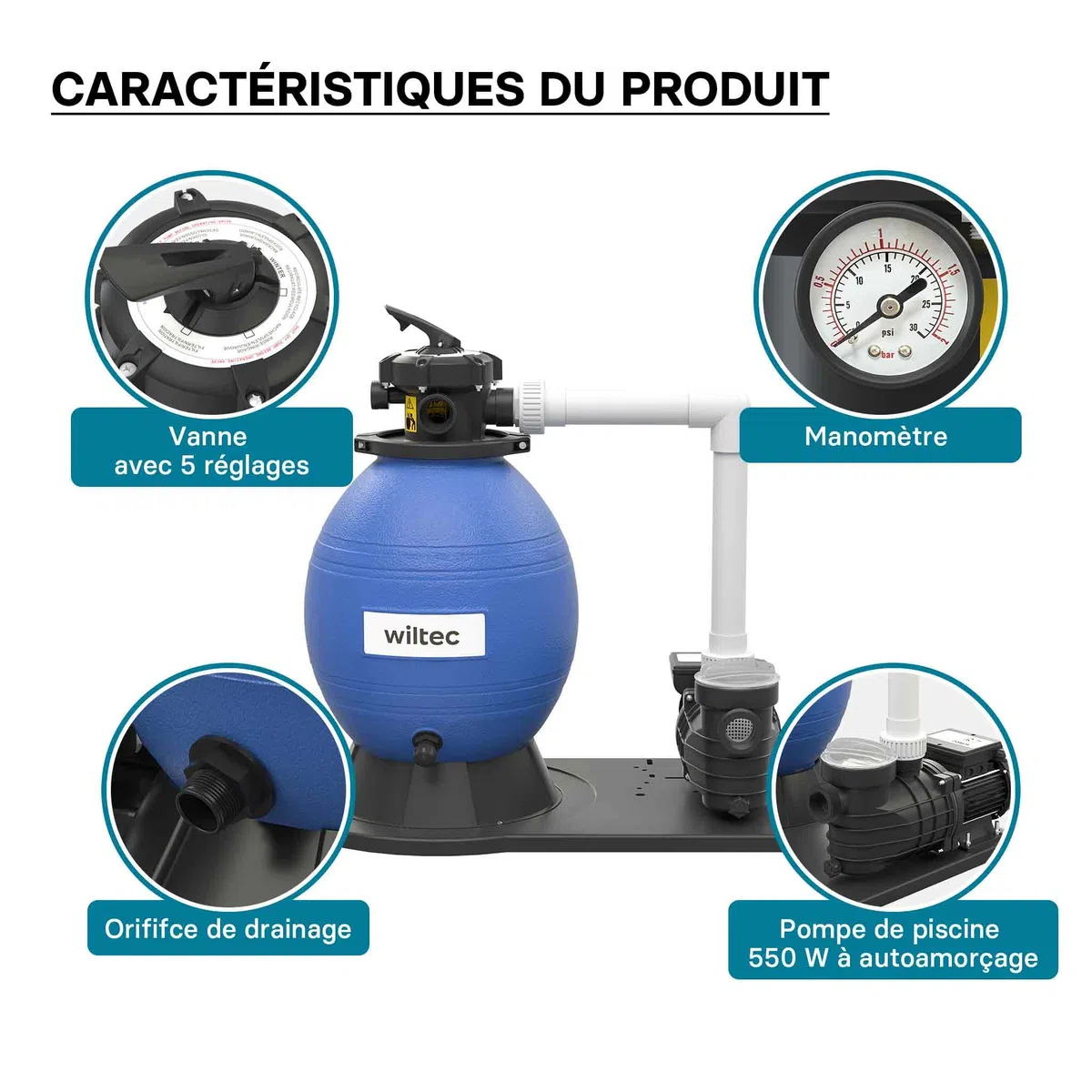 WilTec Filtre à Sable et Particules – 550 W – capacité 38 l / 30 kg – 18 000 l/h – avec Vanne 5 Positions et Pompe de filtrage Auto-amorçante – Cuve de Filtration pour Piscine Hors-Sol Swimmingpool
