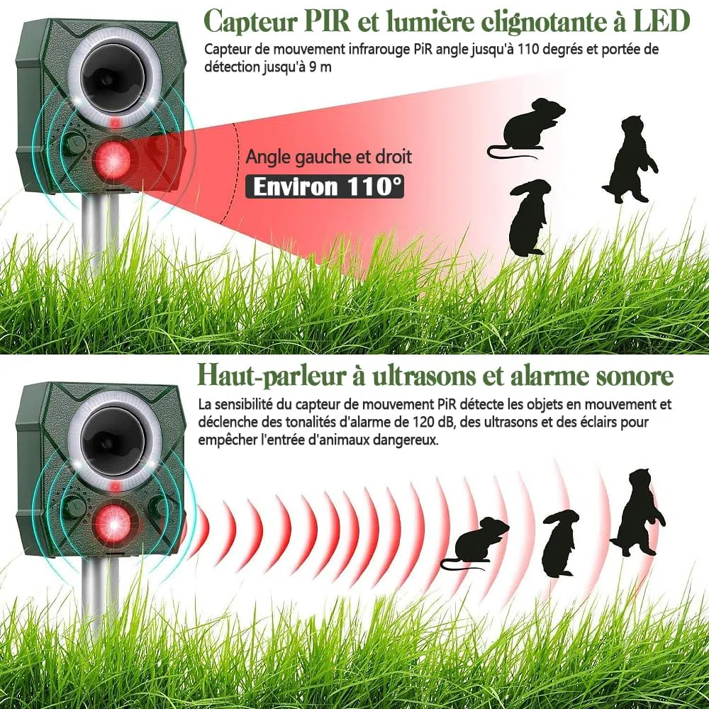 Solaire Ultrason Souris et Rats, Étanche Repulsif Souris et Rats Ultrason Puissant, Piège à Souris avec Lumière LED Contre Les Chats, Chiens et Divers Nuisibles Convient aux Jardins et Aux Cour