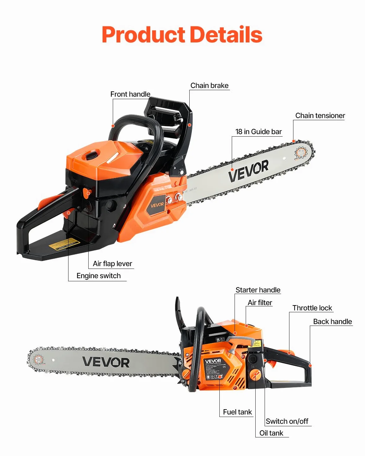 VEVOR Tronçonneuse à Essence 455 mm, Tronçonneuse Thermique 52 cc, 1,8 kW, avec Poignée Antidérapante, Double Réservoir de Carburant, pour Coupe de Bois, Élagage de Branches des Arbres, Défrichement