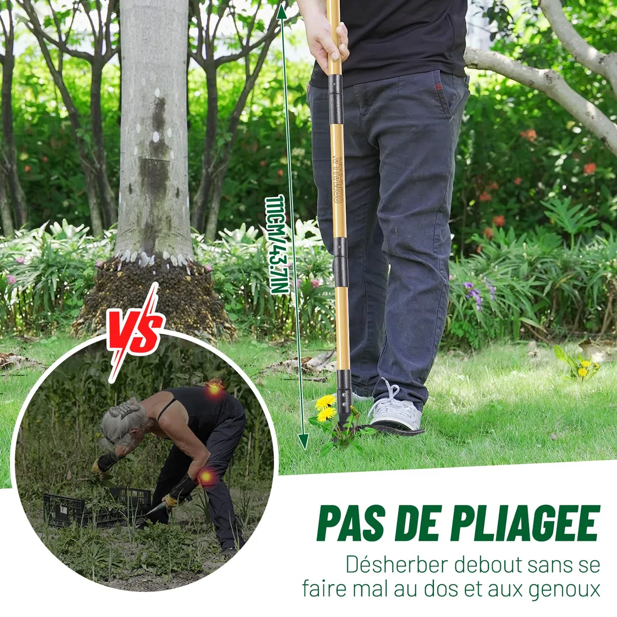 Désherbeur Manuel 1.1m Longueur, Arrache Pissenlit, Manche en Bambou Naturel et 4 Griffes en Métal, Désherbeur de Jardin Debout avec des Gants de Jardinage, Adapté Aux Animaux (Upgrade)