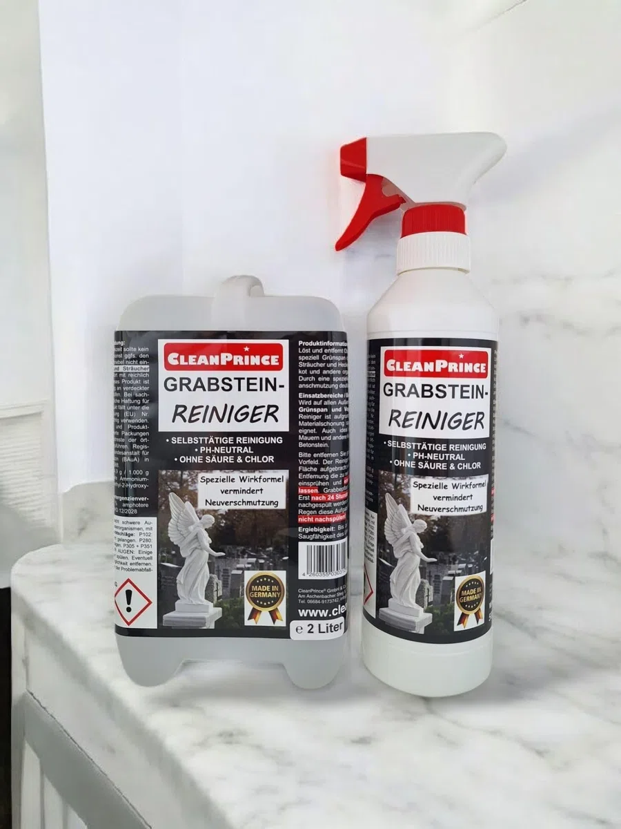 Cleanprince Nettoyant de Pierre Tombale Tombe 2.500 ML 2,5 Litre Anti Mousses Dissolvant Algues Naturelle Fientes D'Oiseaux Nettoyeur Produit Vert De Gris Nettoyage Tombale Nettoyer Nettoyeur Tombeau