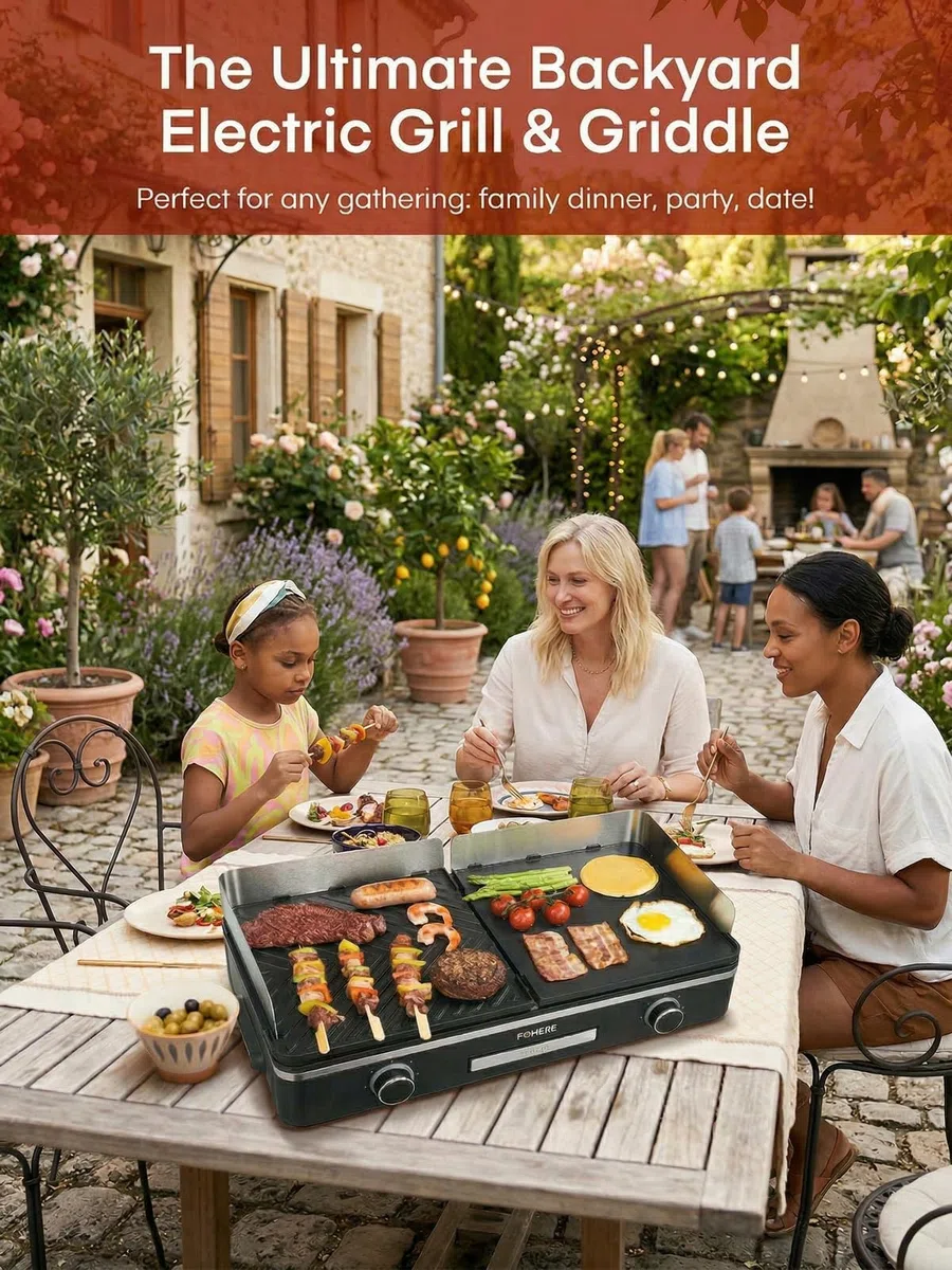 FOHERE Barbecue Électrique de Table 2400W - Plancha de Jardin et Balcon avec 2 Zones de Cuisson Indépendantes - Grande Surface Antiadhésive (Lisse & Nervurée) - Idéal Camping et Extérieur