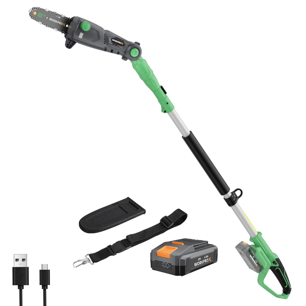 WORKPROX Élagueuse Télescopique sur Perche 20V pour Tailler Branches Hautes – Tronçonneuse à Batterie 4,0Ah, Extension Jusqu'à 4,5 m, Lame 20 cm, Angles de Tête Réglables, Lubrification Auto