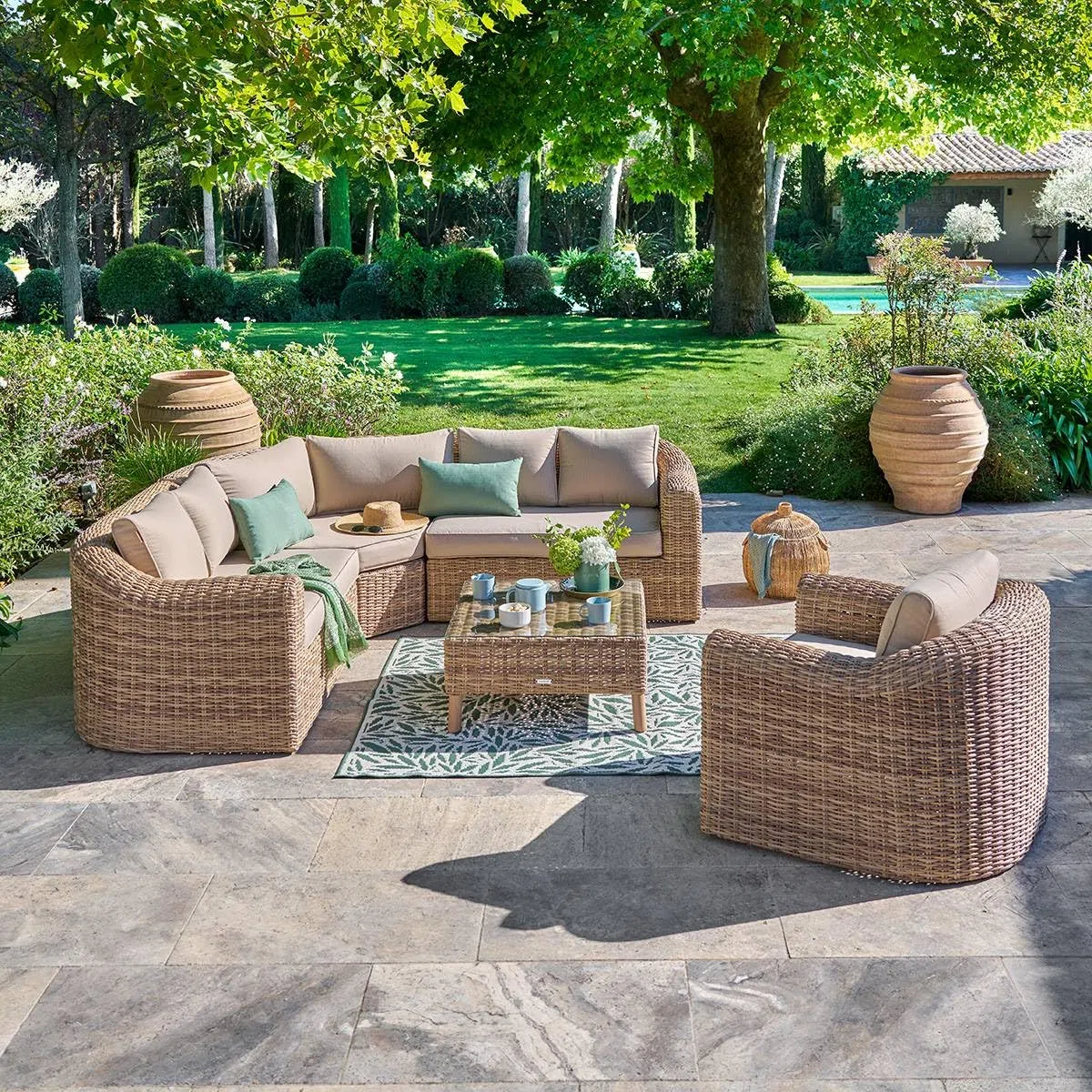 Hespéride - Salon d'angle de Jardin Mooréa Savana - 5 Places - Aluminium Traité Époxy Anti-Rouille Acier Oléfine - Mobilier d'Extérieur pour Terrasse
