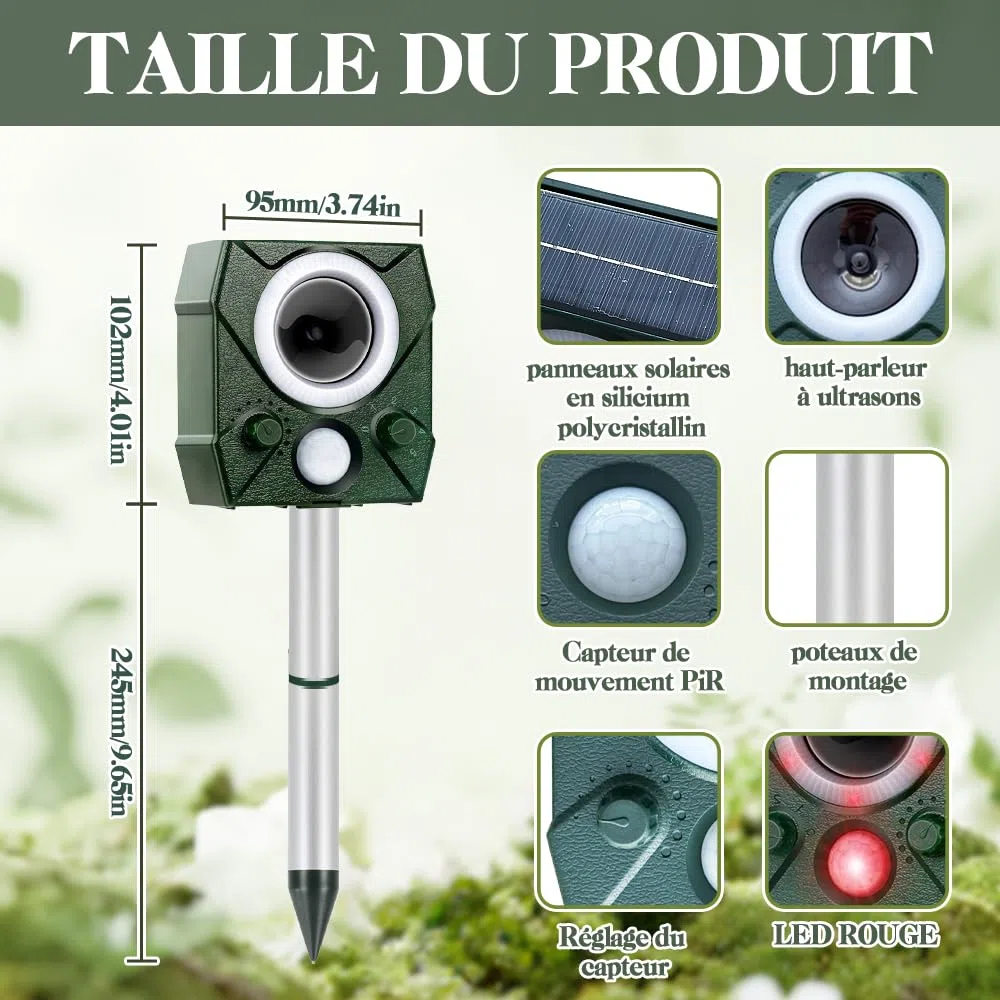 Solaire Ultrason Souris et Rats, Étanche Repulsif Souris et Rats Ultrason Puissant, Piège à Souris avec Lumière LED Contre Les Chats, Chiens et Divers Nuisibles Convient aux Jardins et Aux Cour