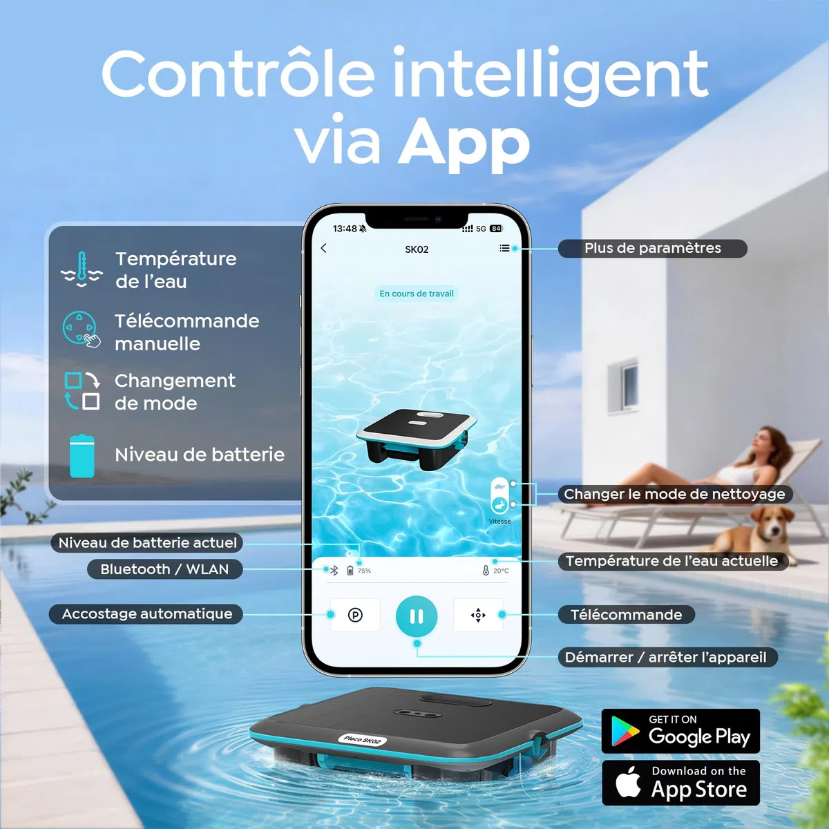 SK02 Robot Skimmer Solaire de Piscine, Robot Piscine sans Fil, Double Recharge, Sonde de Température, Contrôle App, Skimmer Piscine Hors Sol Automatique 24/7